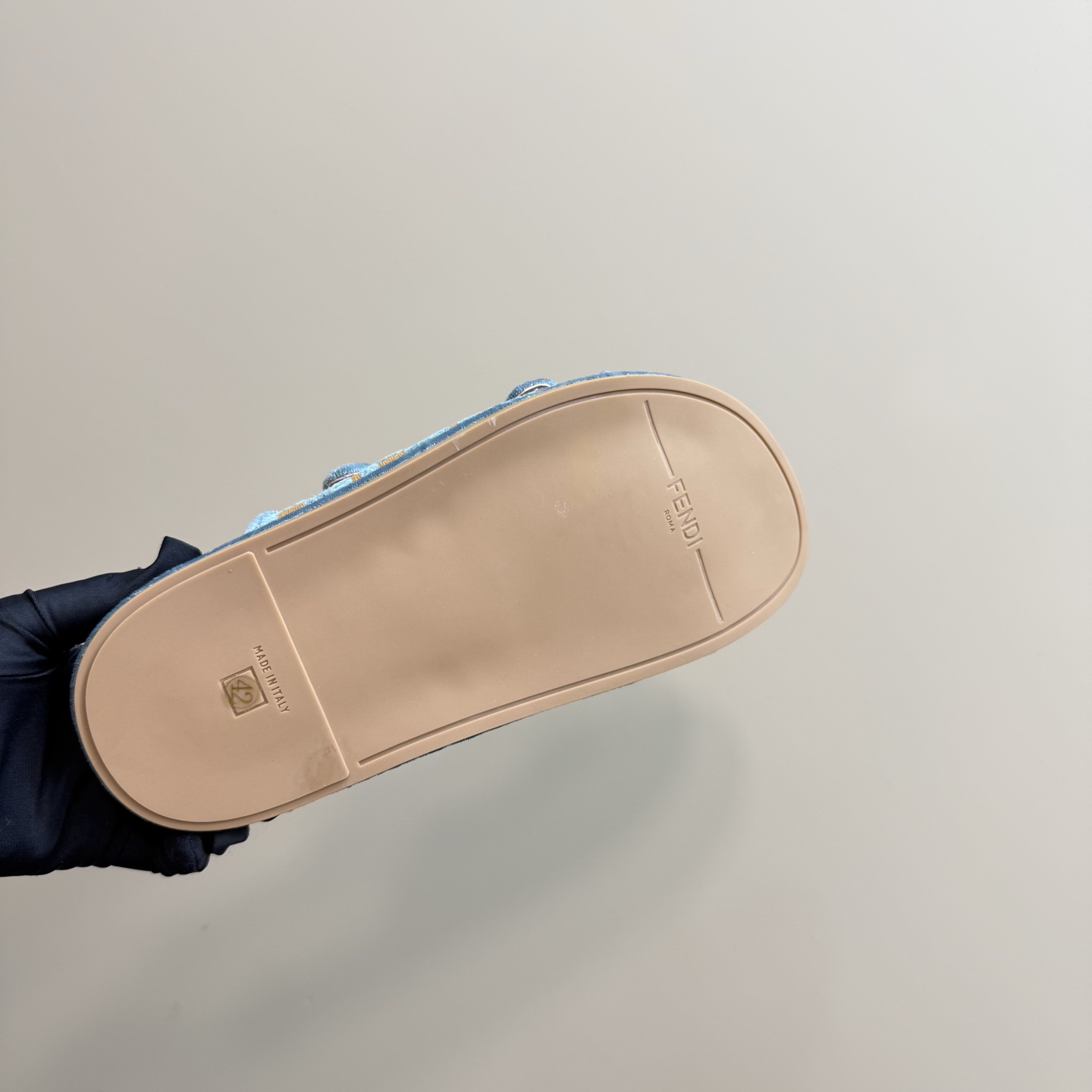 Fendi Feel Light Blue FF Jacquard Velvet Slides - FashionPlug