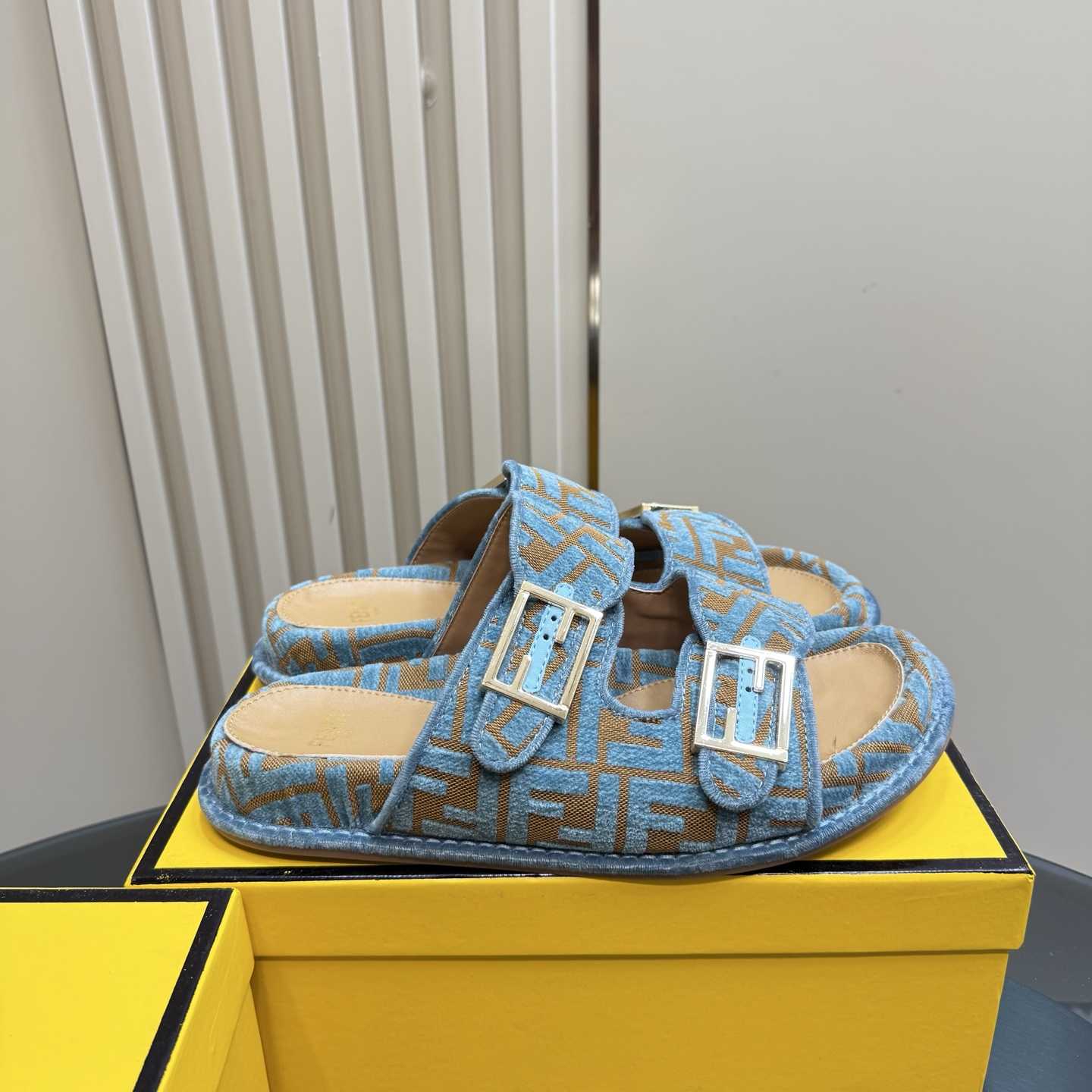 Fendi Feel Light Blue FF Jacquard Velvet Slides - FashionPlug