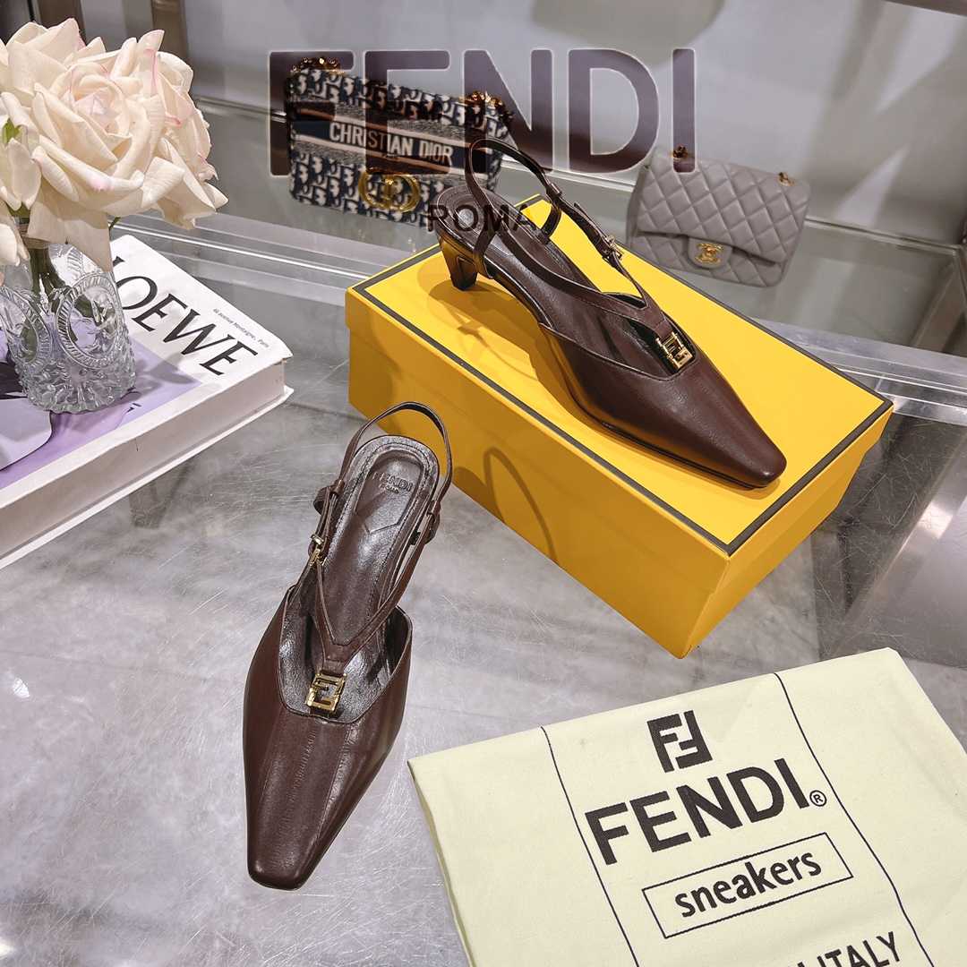 Fendi FFold Brown Eel Leather Low-heeled Slingbacks - FashionPlug