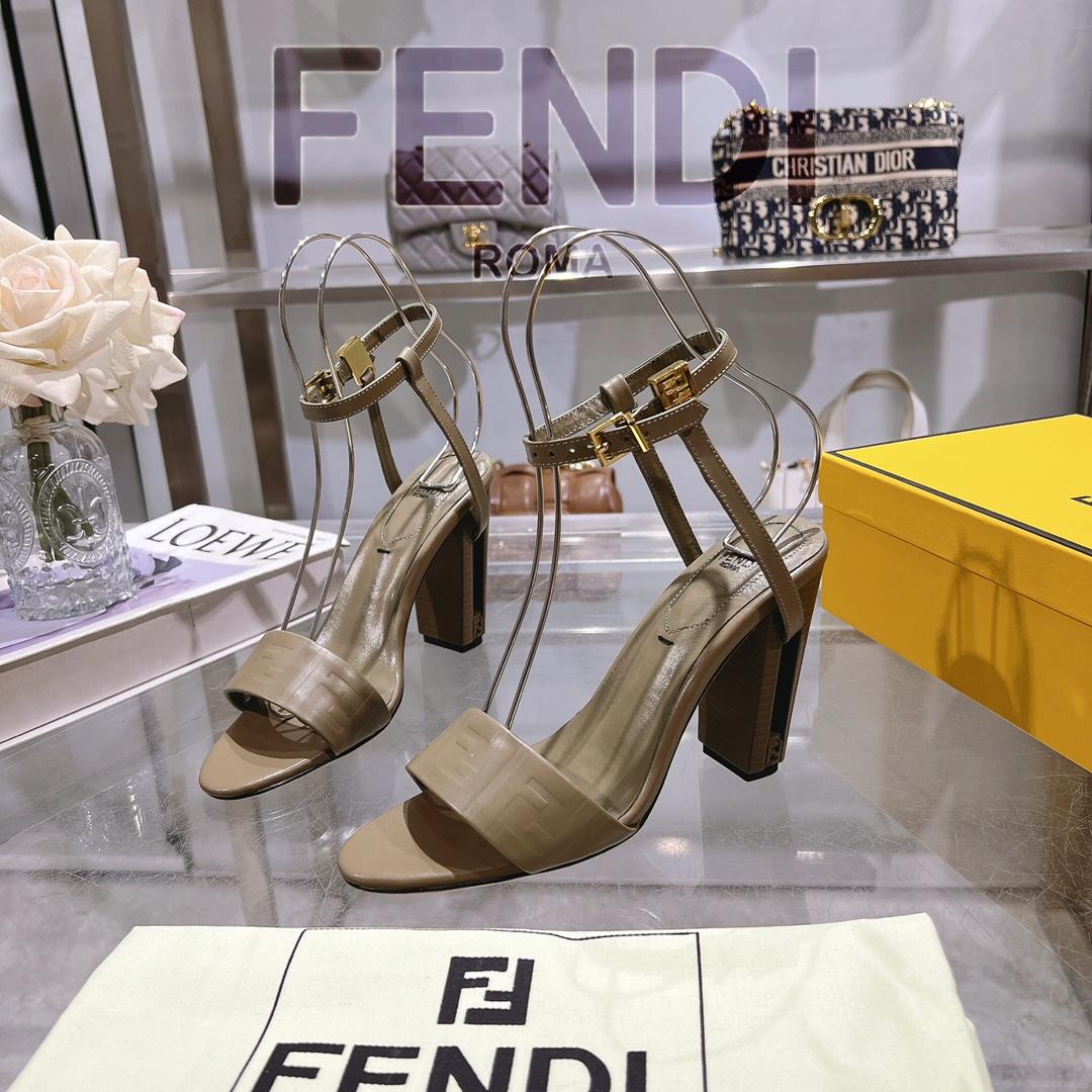Fendi Delfina Green FF Nappa Leather High-heeled Sandals - FashionPlug
