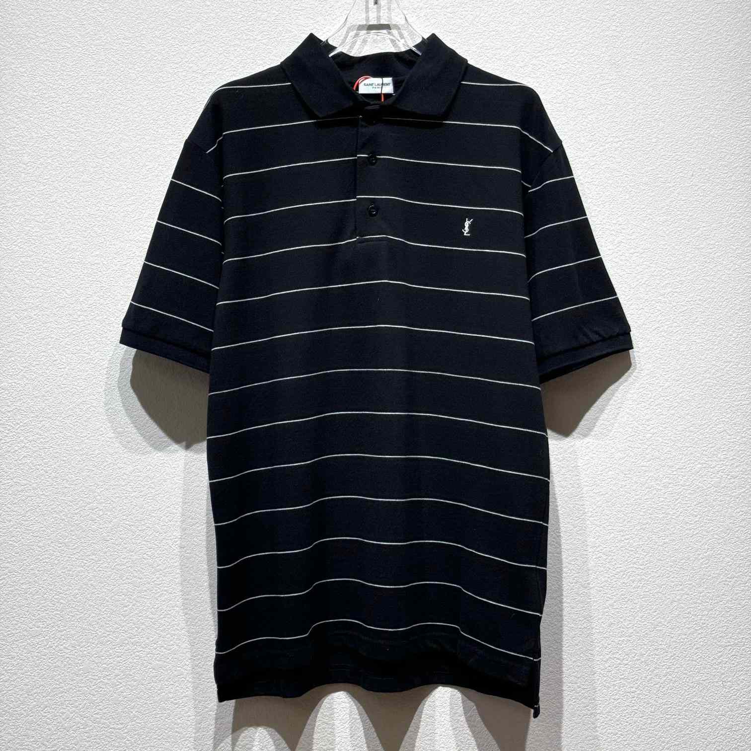 Saint Laurent Cassandre Polo Shirt In Striped Pique - FashionPlug