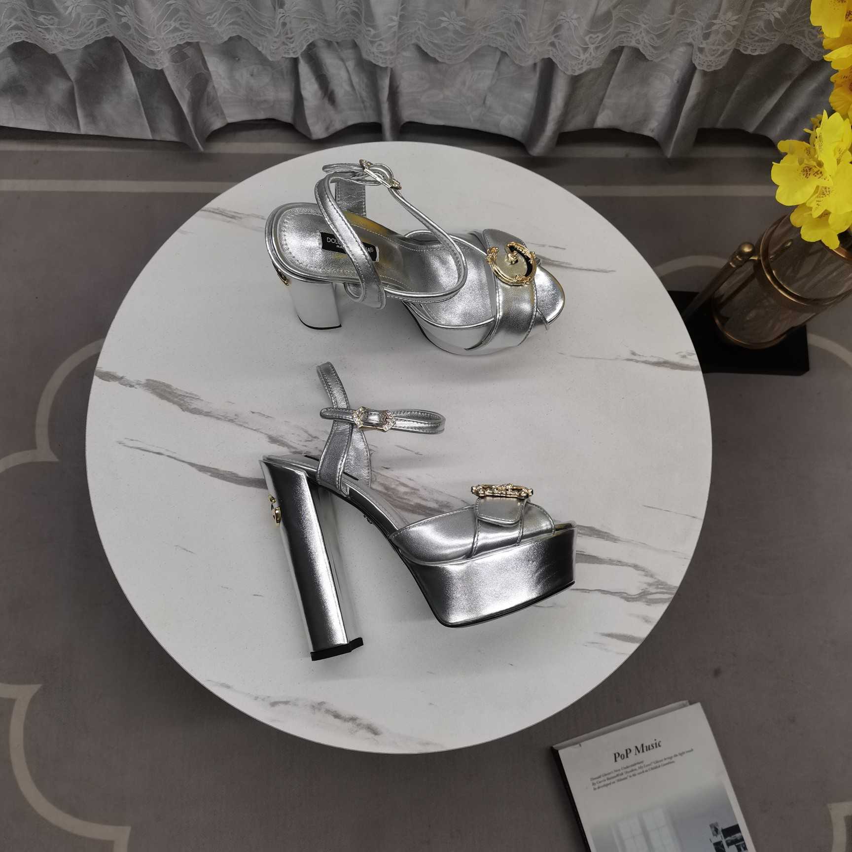 Dolce & Gabbana Silver Leather Platform Logo Keira Sandals - FashionPlug