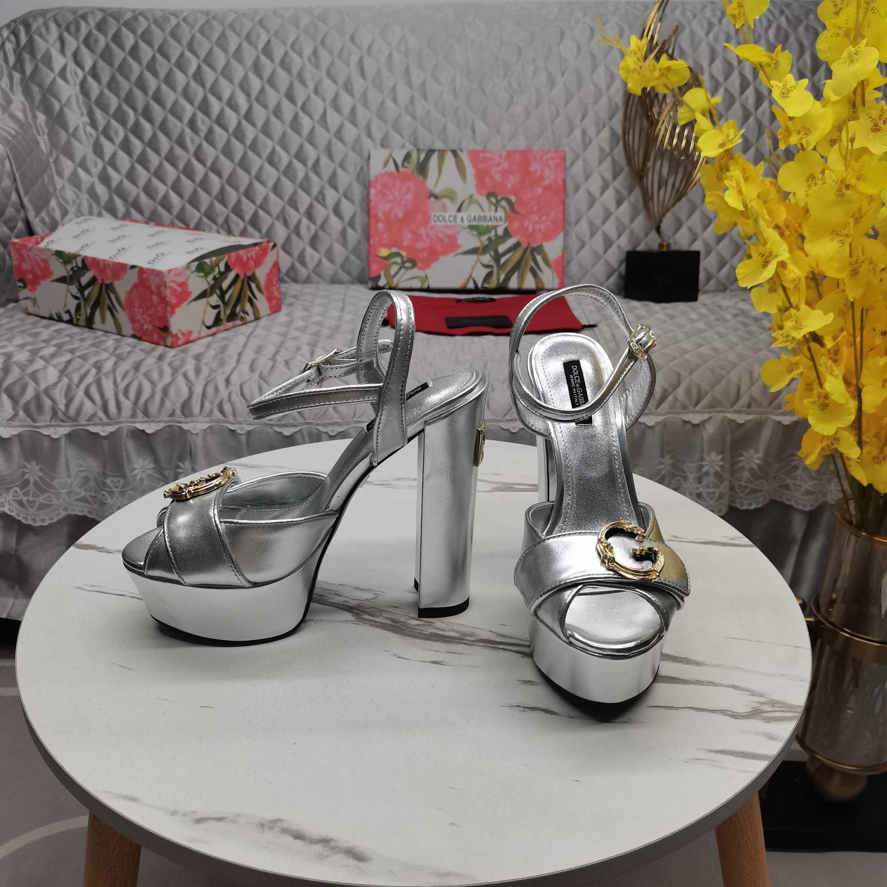 Dolce & Gabbana Silver Leather Platform Logo Keira Sandals - FashionPlug
