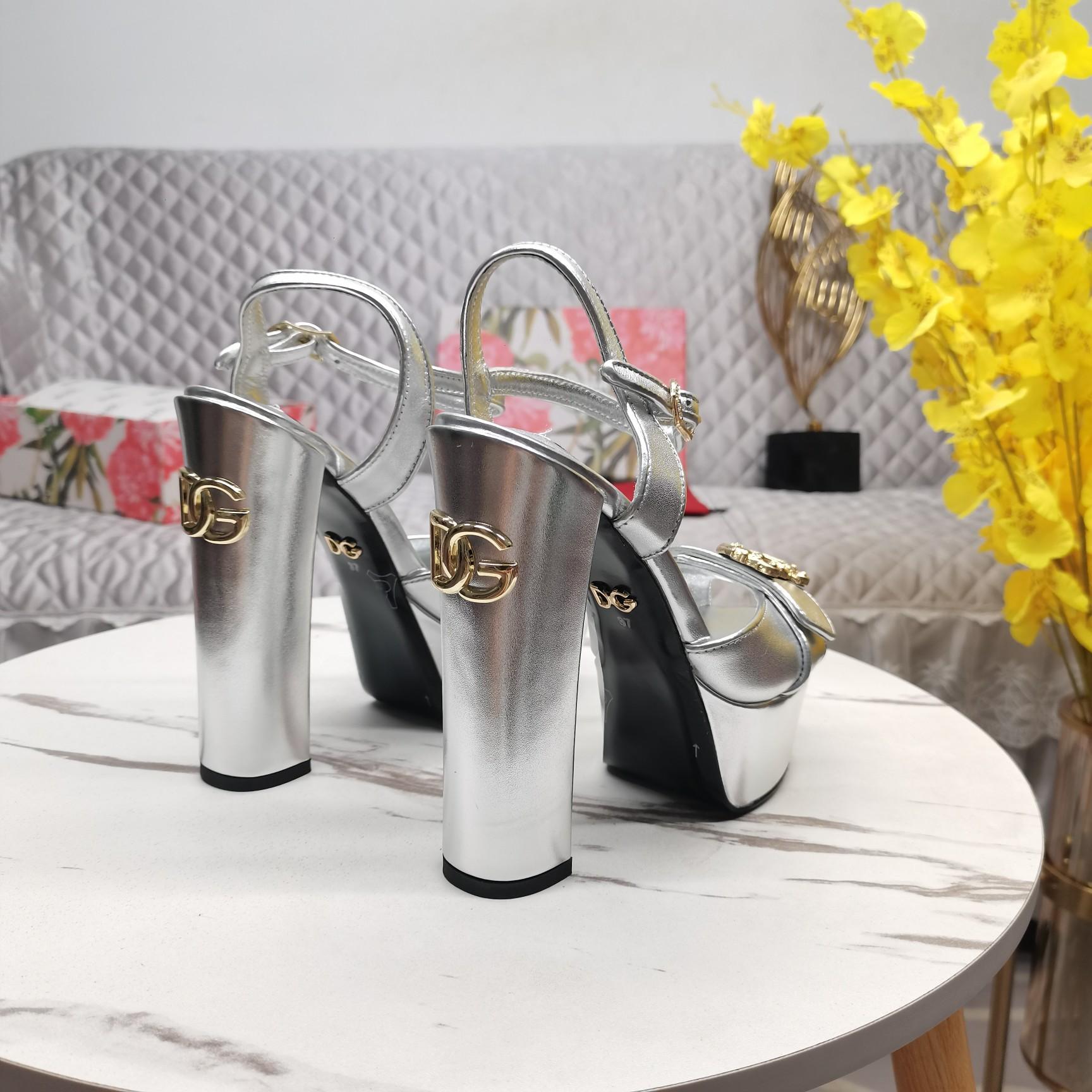 Dolce & Gabbana Silver Leather Platform Logo Keira Sandals - FashionPlug
