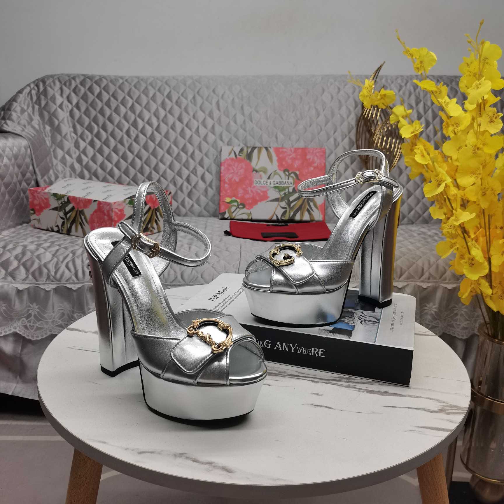 Dolce & Gabbana Silver Leather Platform Logo Keira Sandals - FashionPlug