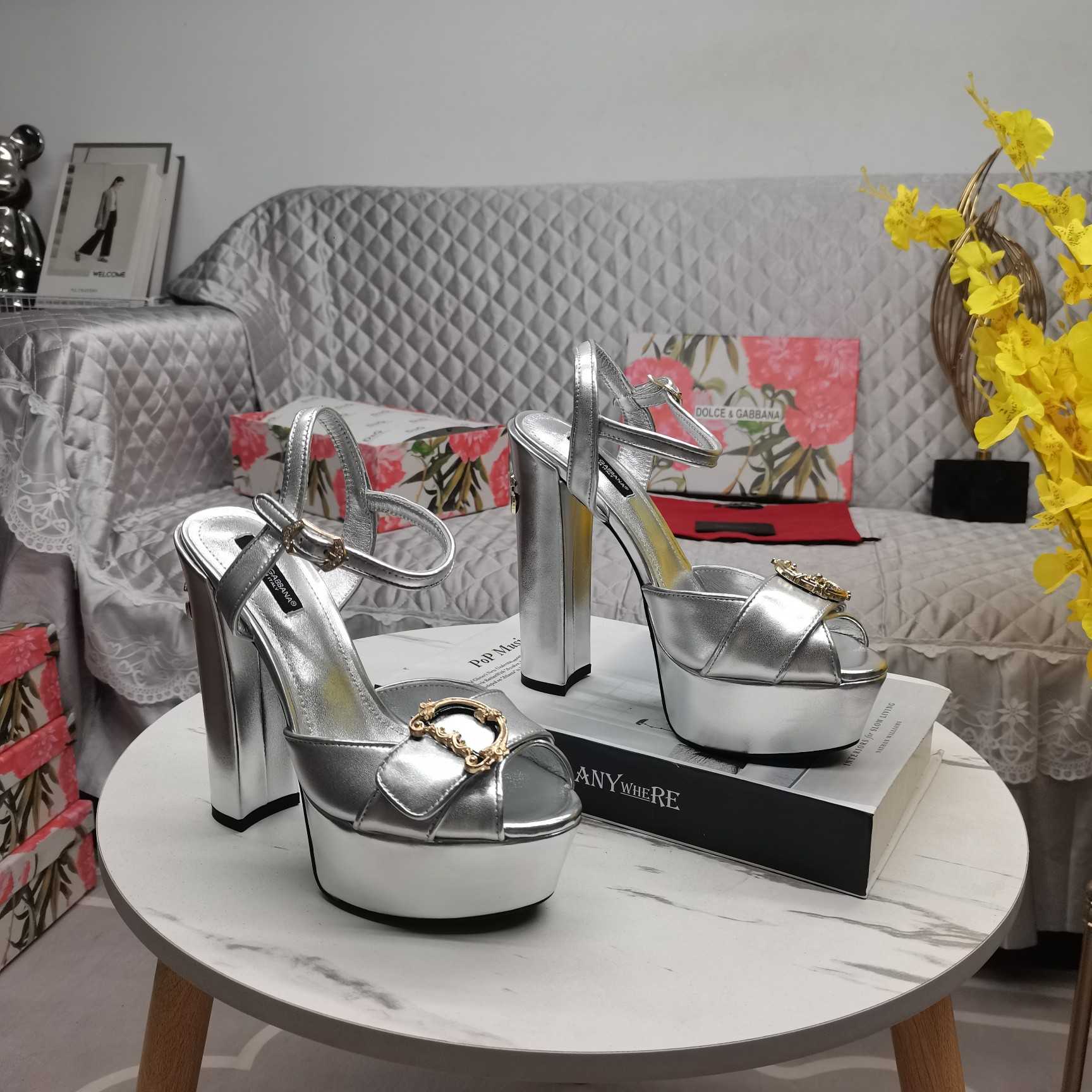 Dolce & Gabbana Silver Leather Platform Logo Keira Sandals - FashionPlug