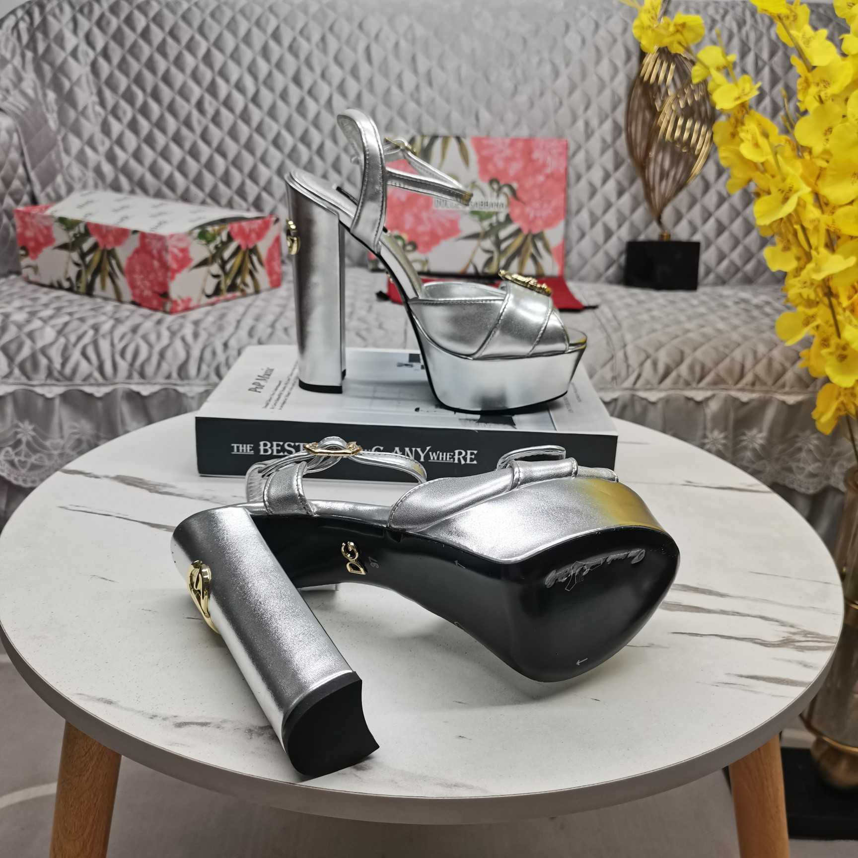 Dolce & Gabbana Silver Leather Platform Logo Keira Sandals - FashionPlug