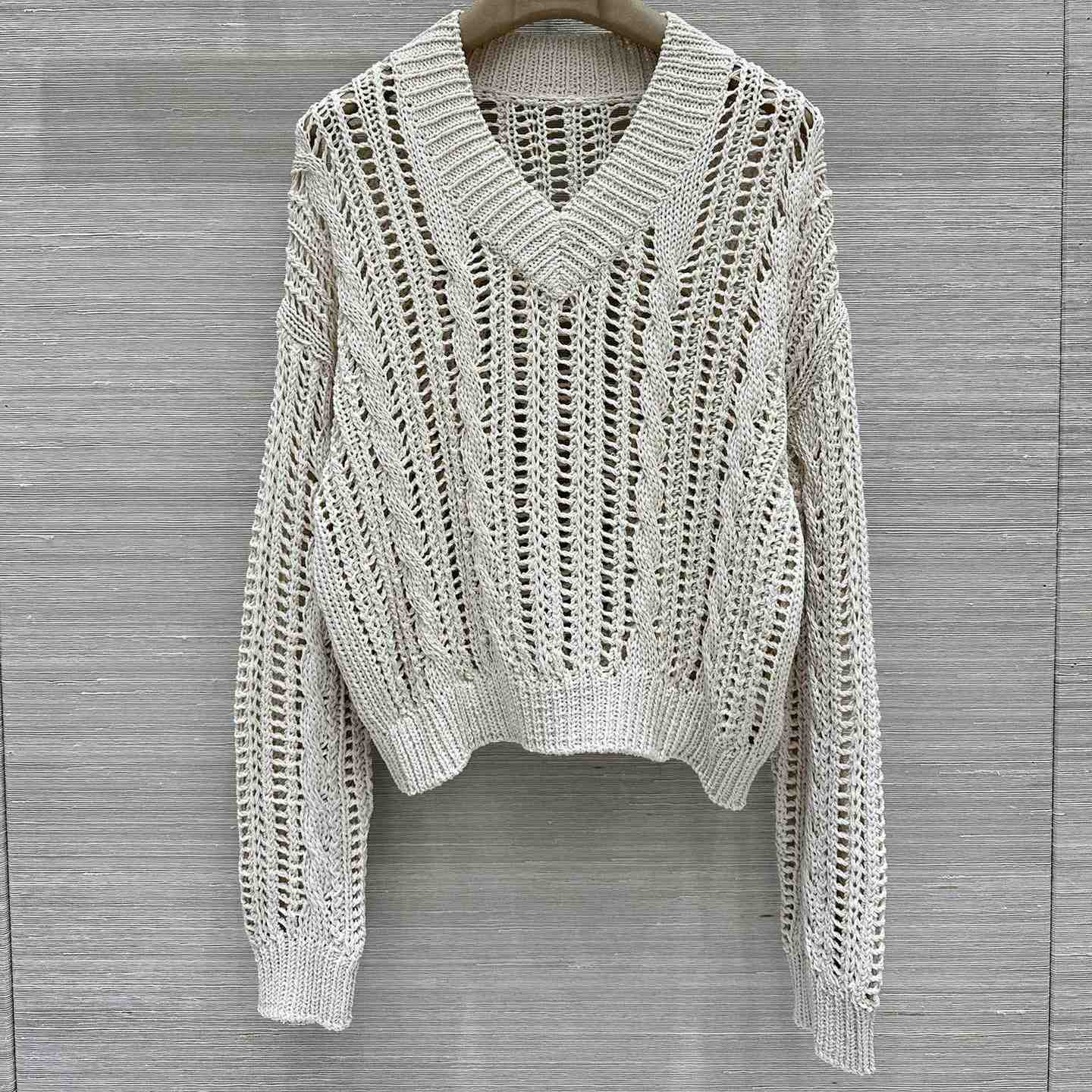 Brunello Cucinelli Jute And Cotton Cable & Mesh Sweater - FashionPlug