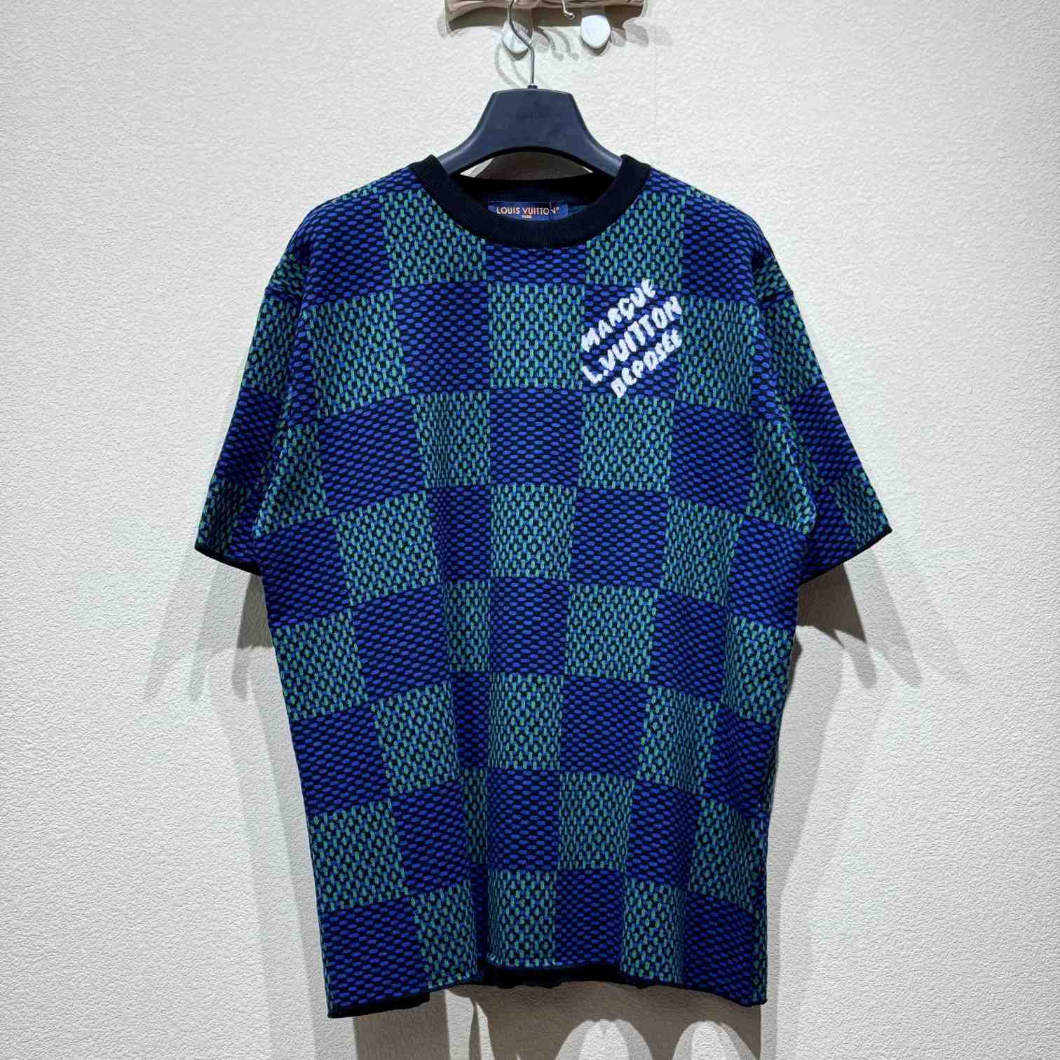 Louis Vuitton Jacquard Damier Short-Sleeved Cotton Crewneck   1AHBCT - FashionPlug
