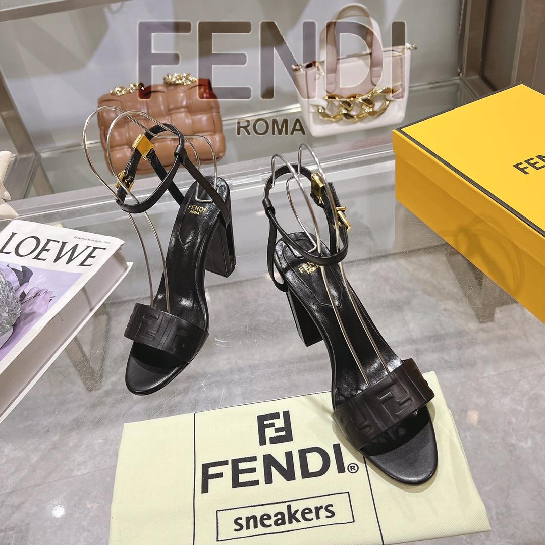 Fendi Delfina Black FF Nappa Leather High-heeled Sandals - FashionPlug