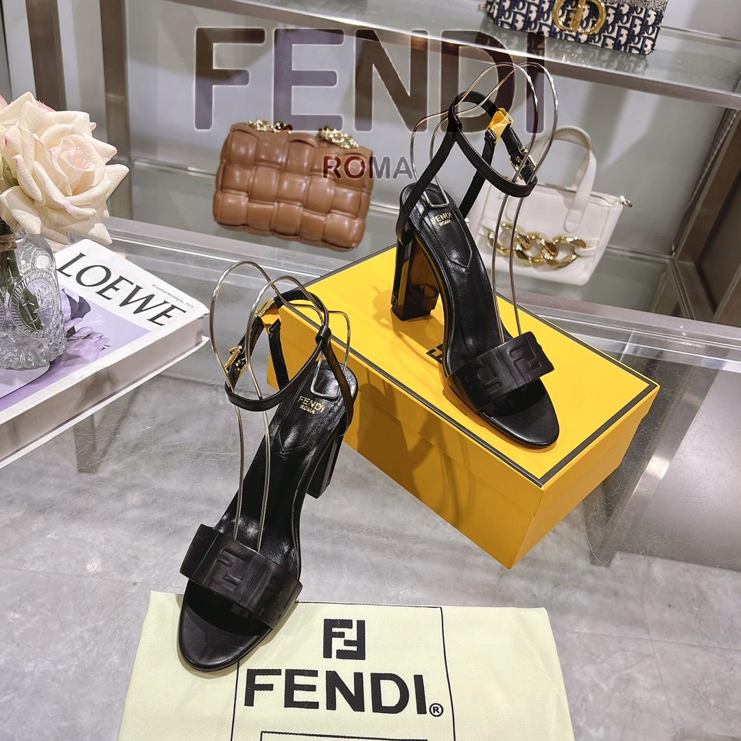 Fendi Delfina Black FF Nappa Leather High-heeled Sandals - FashionPlug