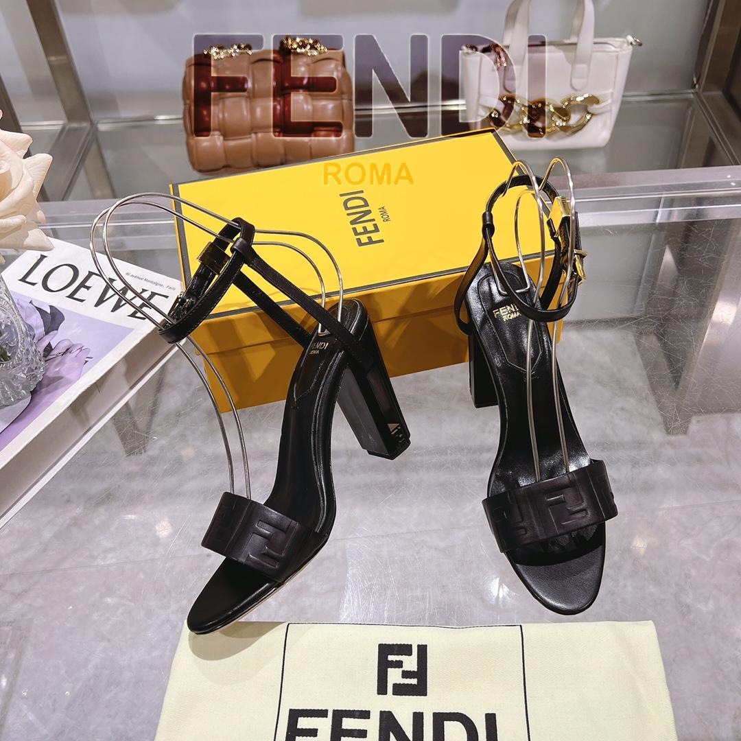 Fendi Delfina Black FF Nappa Leather High-heeled Sandals - FashionPlug