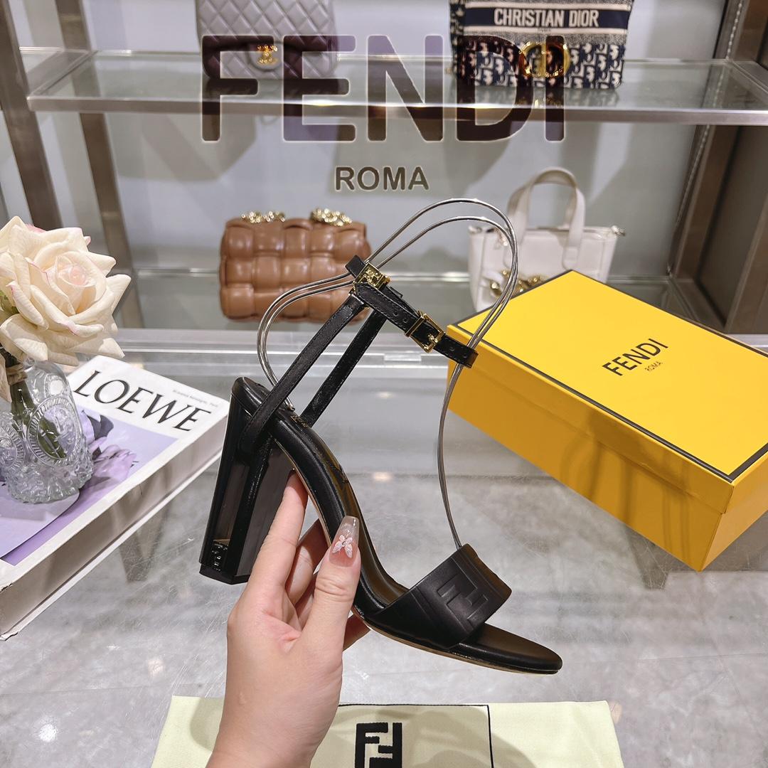 Fendi Delfina Black FF Nappa Leather High-heeled Sandals - FashionPlug