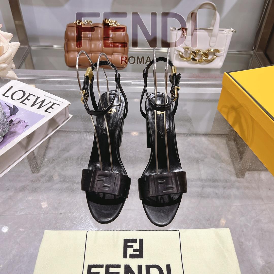 Fendi Delfina Black FF Nappa Leather High-heeled Sandals - FashionPlug