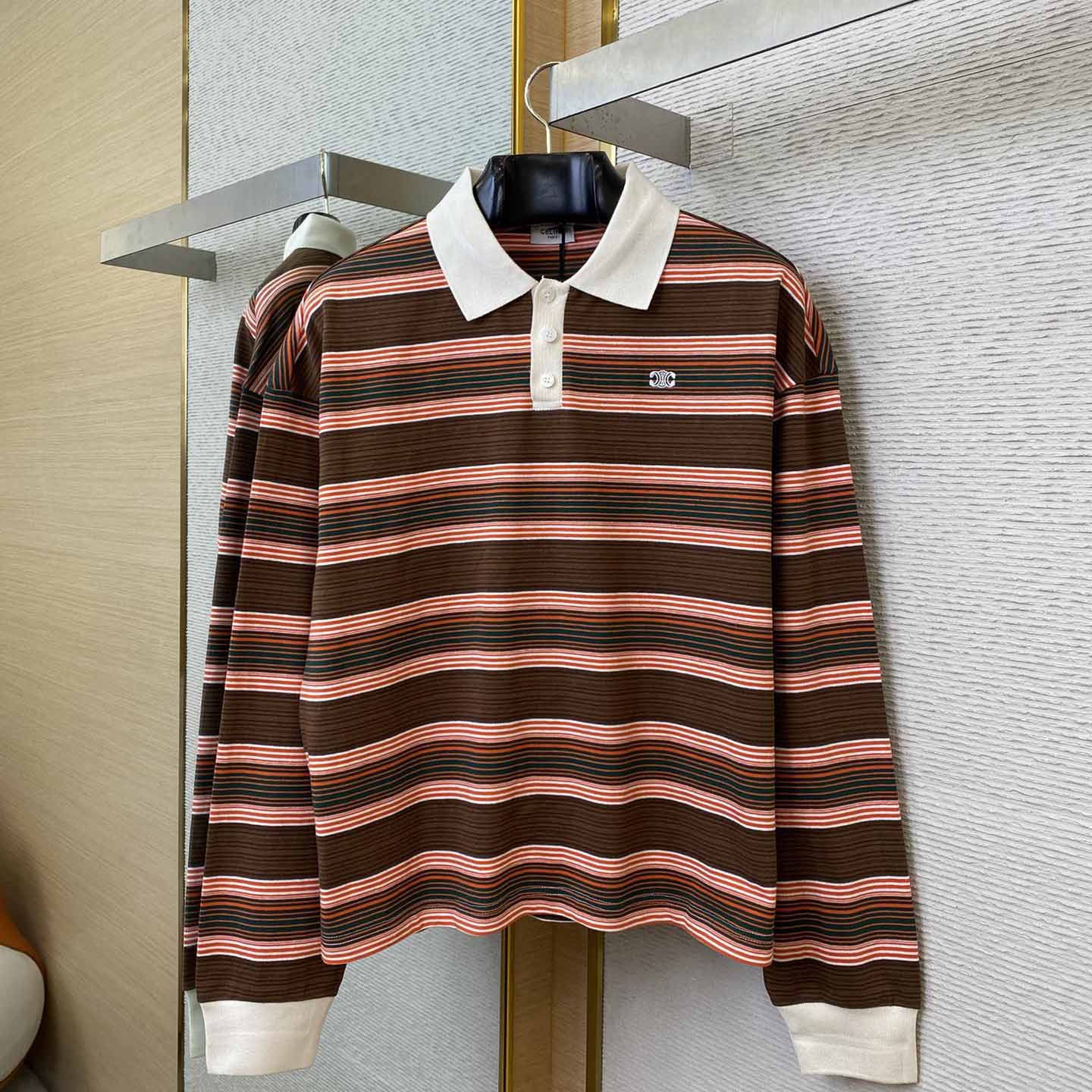 Celine Triomphe Cropped Polo Shirt In Striped Cotton - FashionPlug