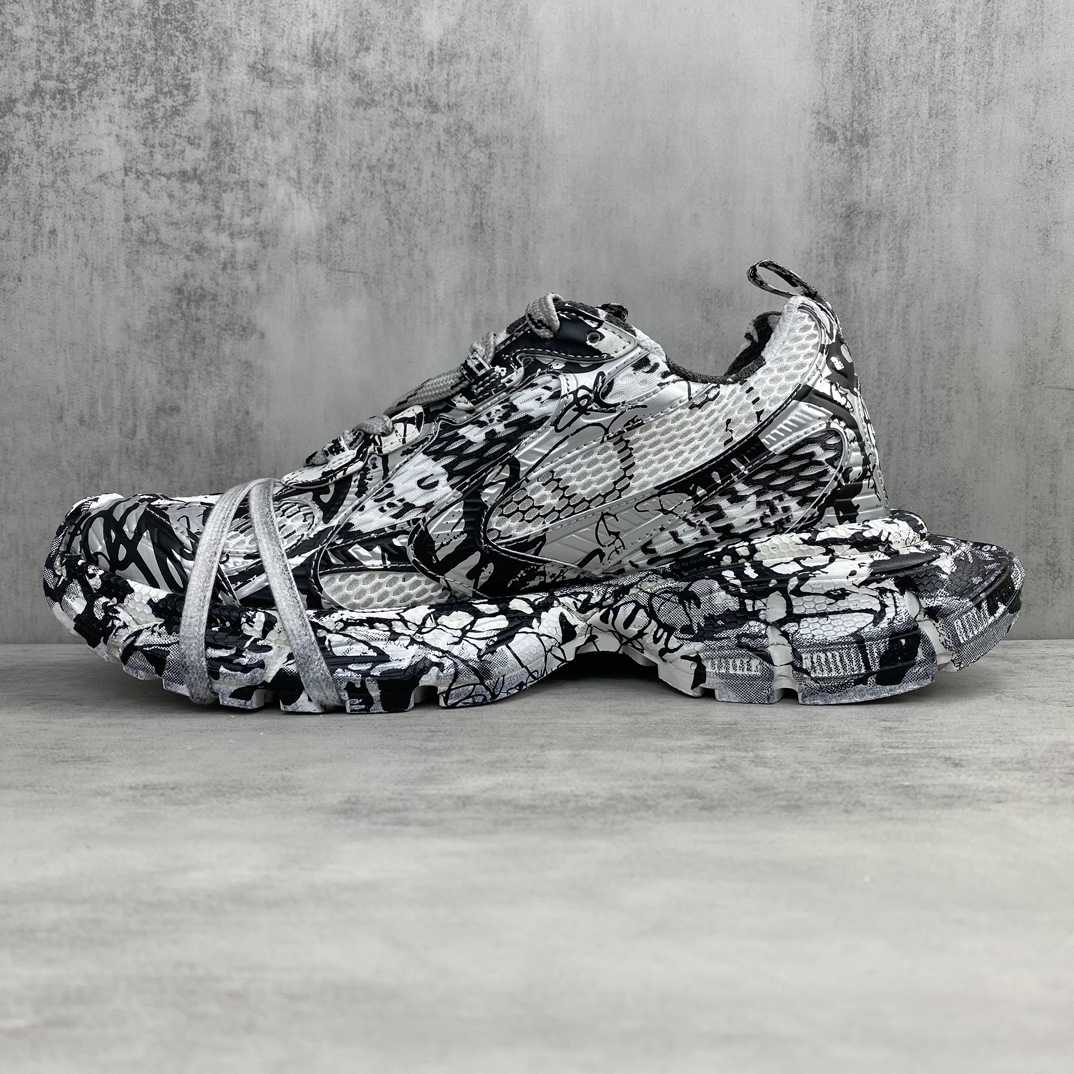 Balenciaga Track Graffiti Sneaker In White And Black Mesh And Nylon - FashionPlug