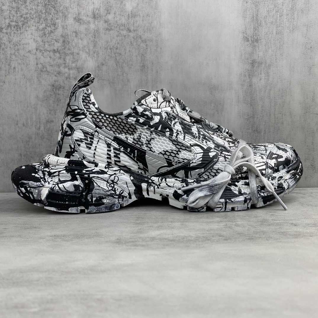 Balenciaga Track Graffiti Sneaker In White And Black Mesh And Nylon - FashionPlug