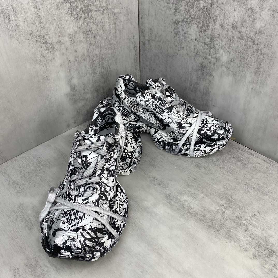 Balenciaga Track Graffiti Sneaker In White And Black Mesh And Nylon - FashionPlug