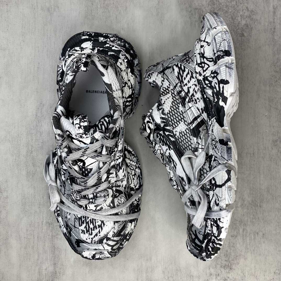 Balenciaga Track Graffiti Sneaker In White And Black Mesh And Nylon - FashionPlug
