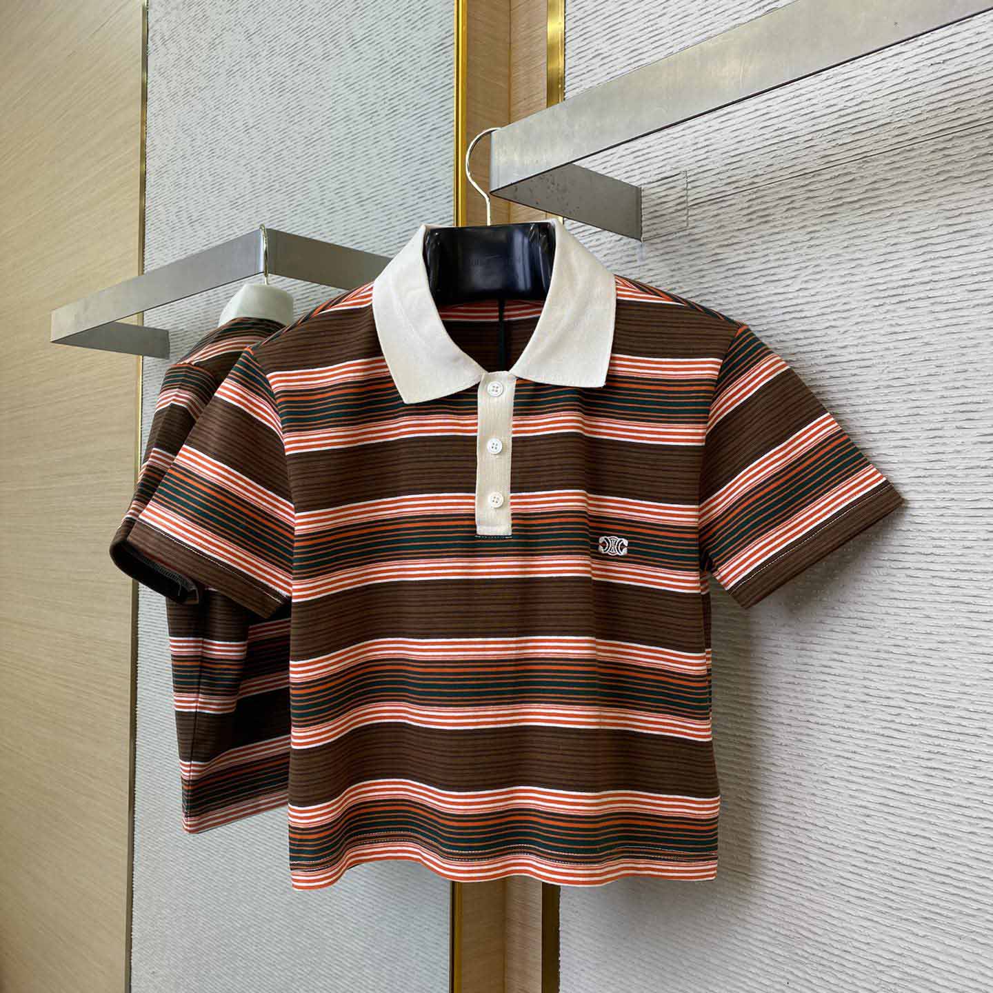 Celine Triomphe Cropped Polo Shirt In Striped Cotton - FashionPlug