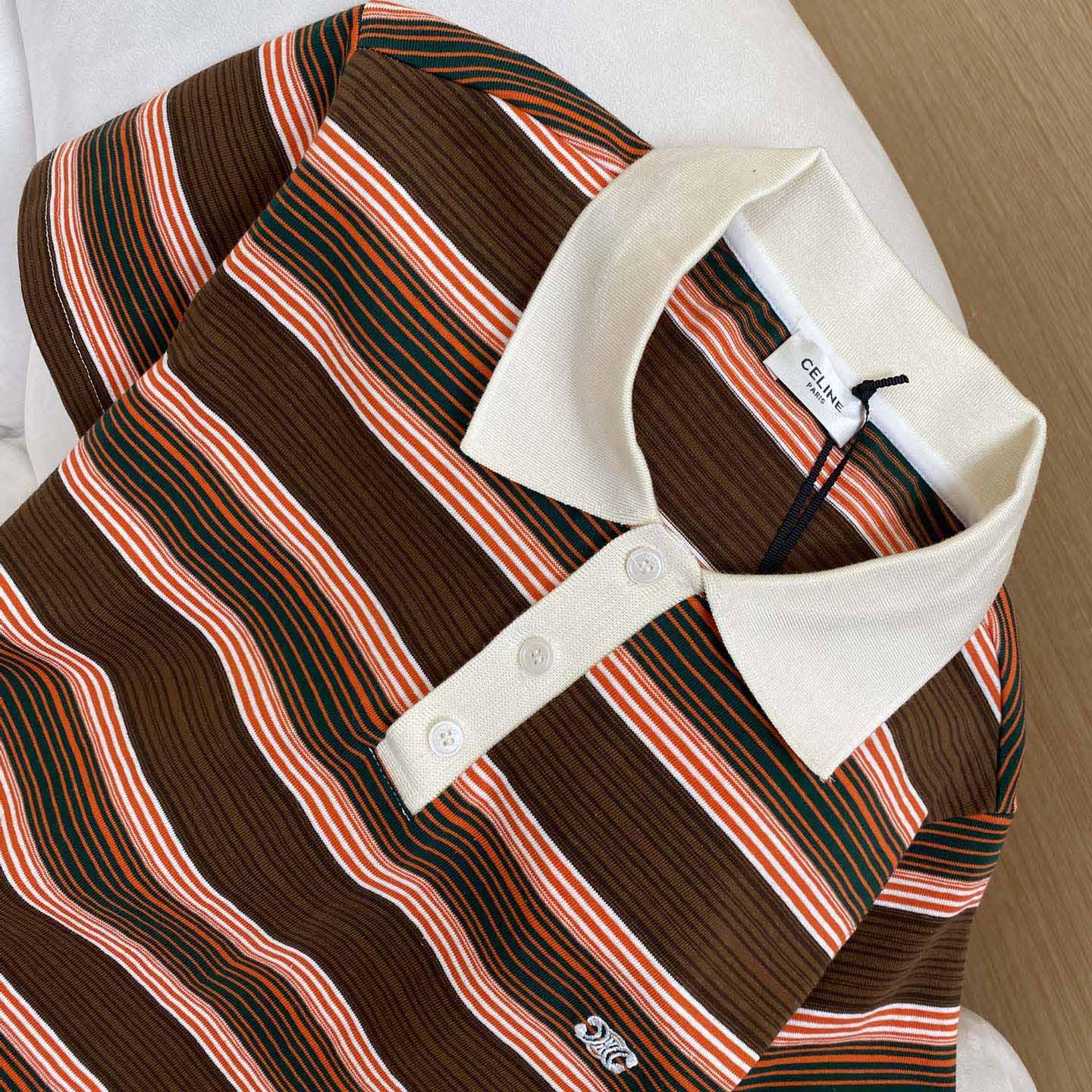 Celine Triomphe Cropped Polo Shirt In Striped Cotton - FashionPlug