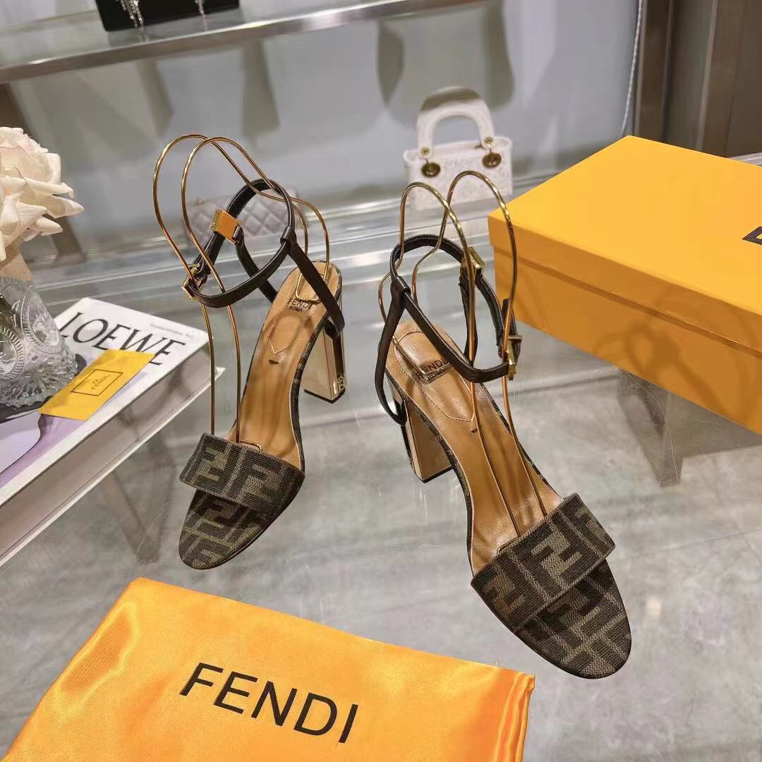 Fendi Delfina Brown Fabric High-heeled Sandals - FashionPlug