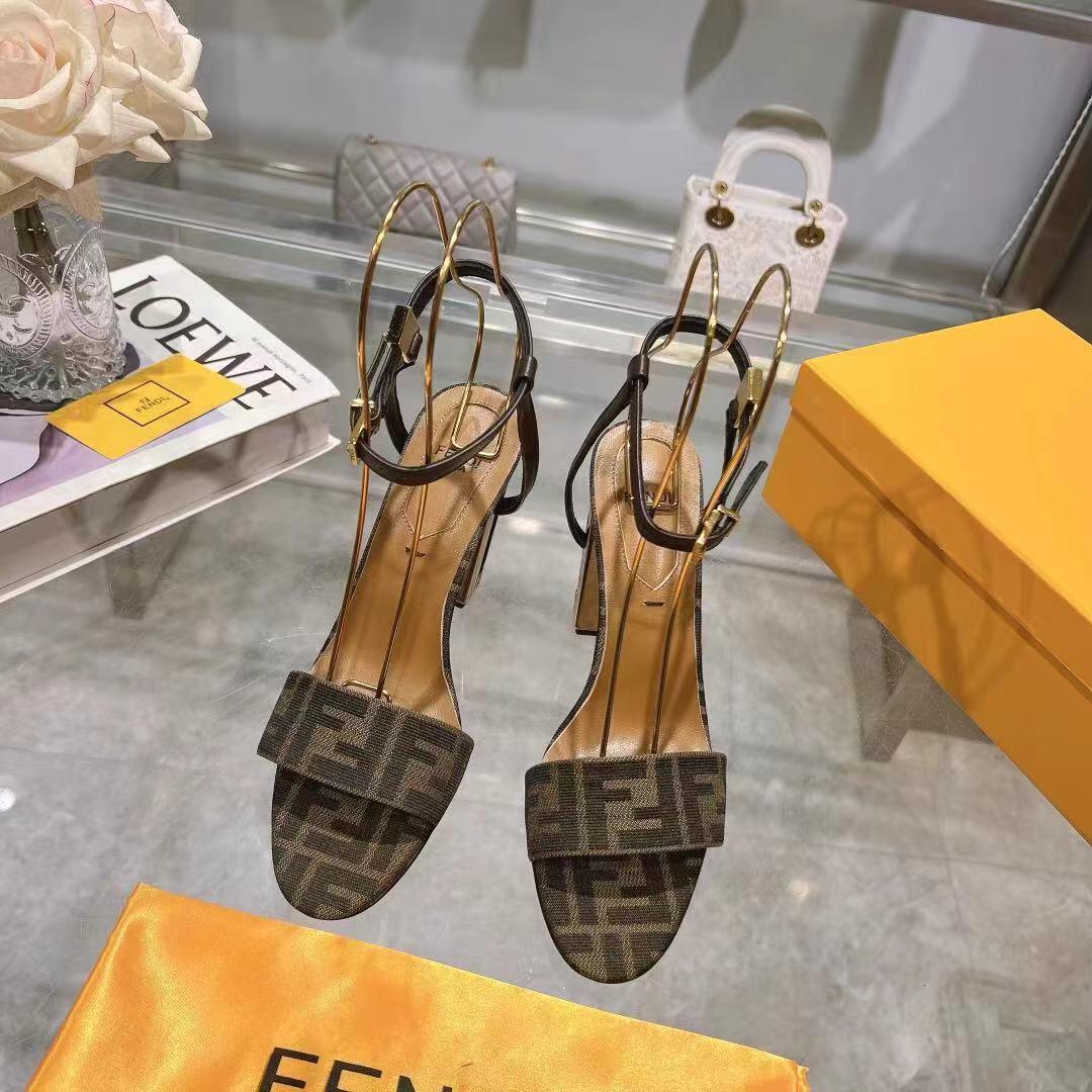 Fendi Delfina Brown Fabric High-heeled Sandals - FashionPlug