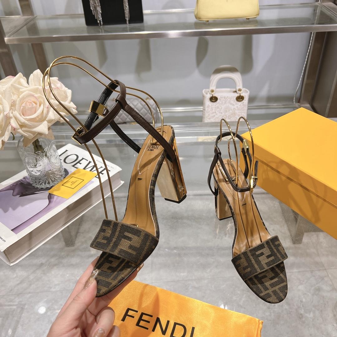 Fendi Delfina Brown Fabric High-heeled Sandals - FashionPlug