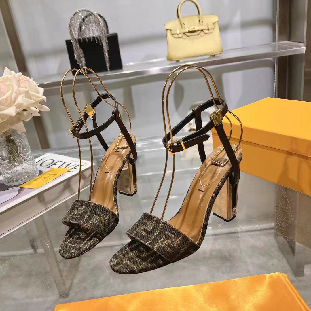 Fendi Delfina Brown Fabric High-heeled Sandals - FashionPlug