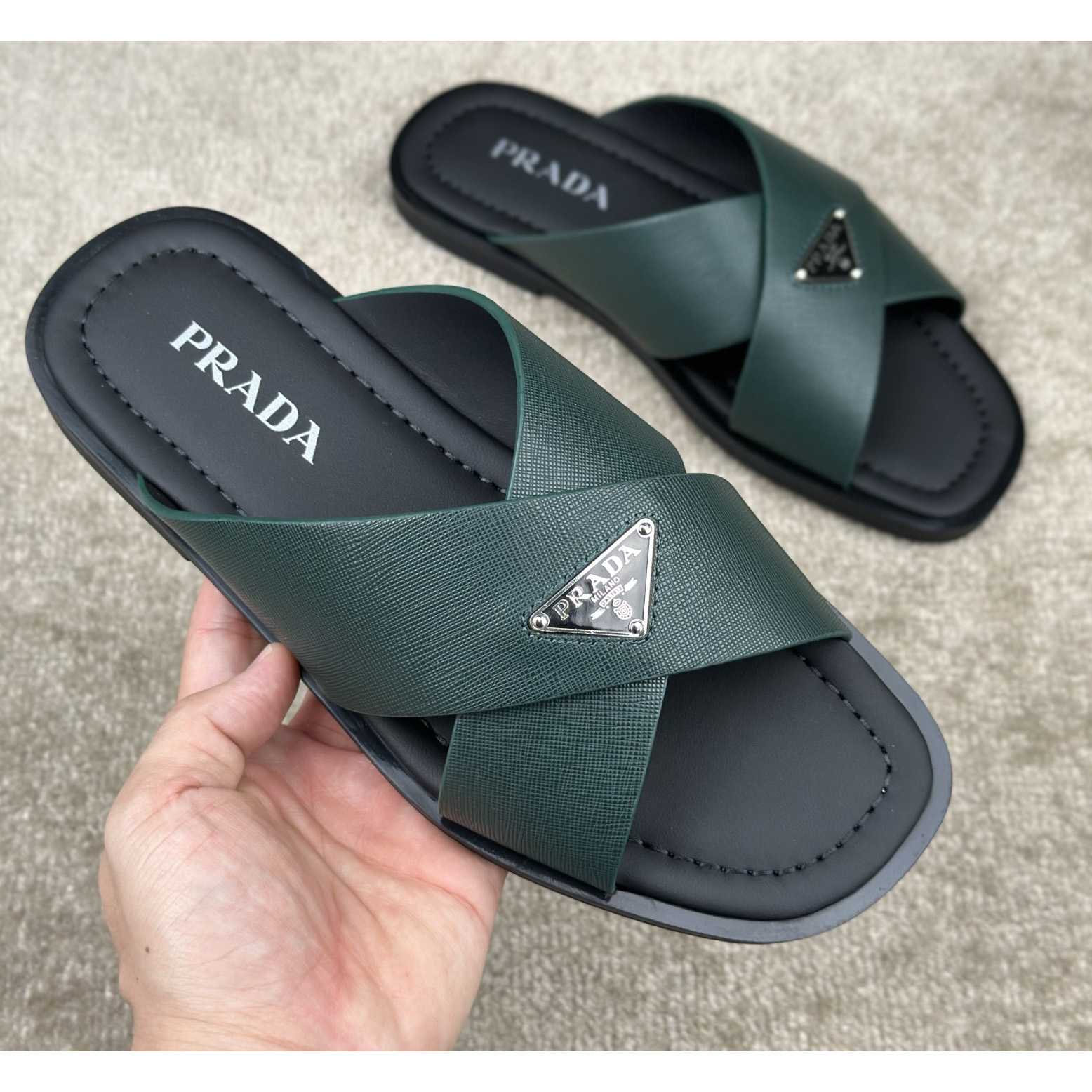 Prada Crisscross Leather Slides - FashionPlug