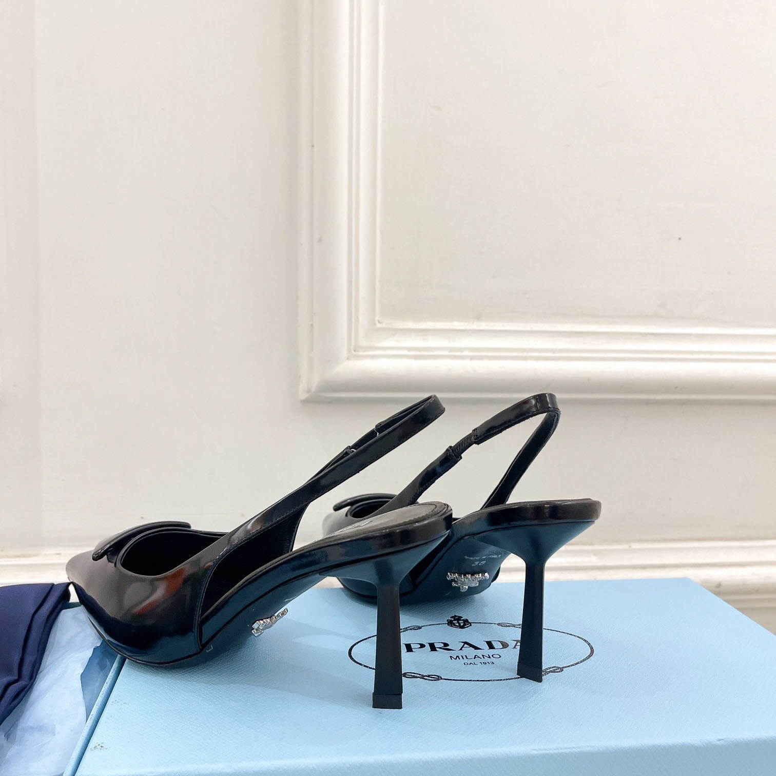 Prada Black Brushed Leather Slingback Pumps  75mm - FashionPlug