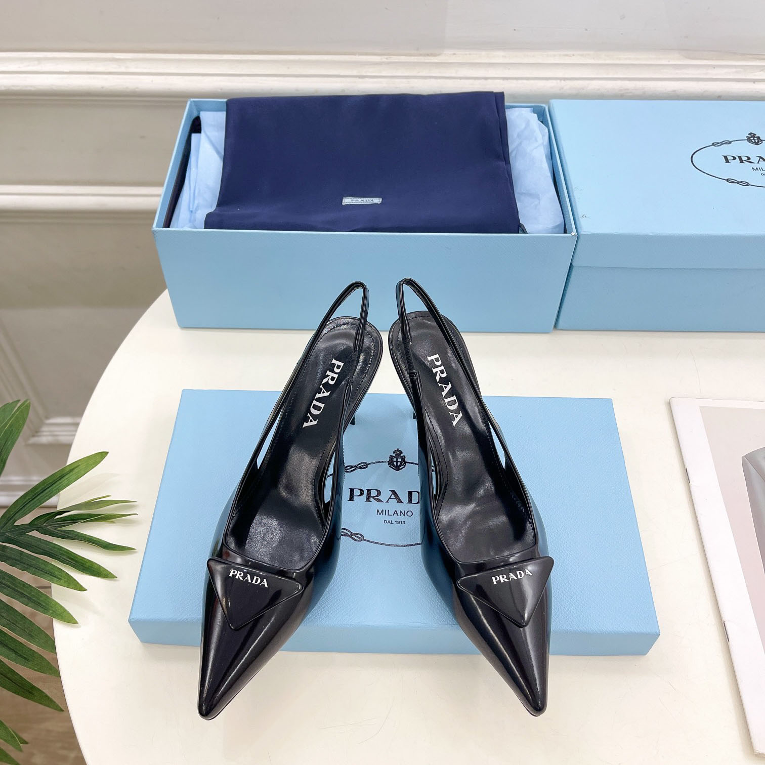 Prada Black Brushed Leather Slingback Pumps  75mm - FashionPlug