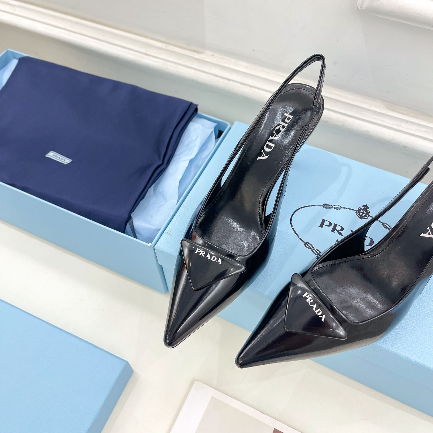 Prada Black Brushed Leather Slingback Pumps  75mm - FashionPlug