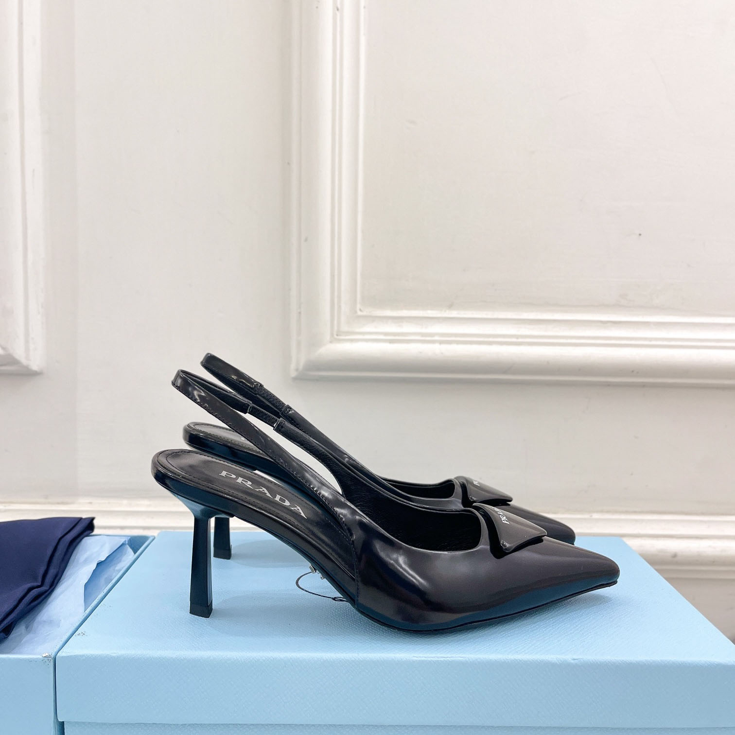 Prada Black Brushed Leather Slingback Pumps  75mm - FashionPlug