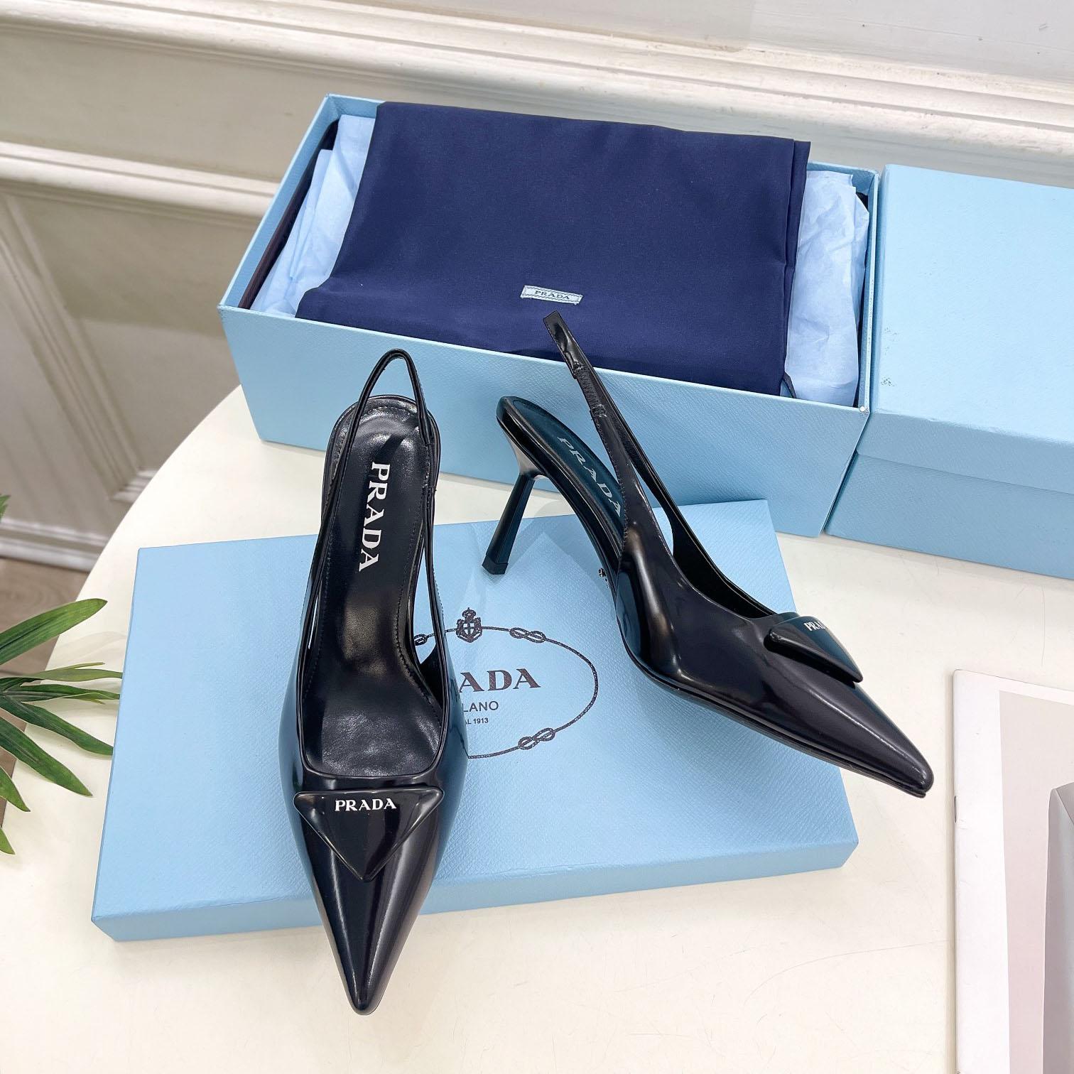 Prada Black Brushed Leather Slingback Pumps  75mm - FashionPlug