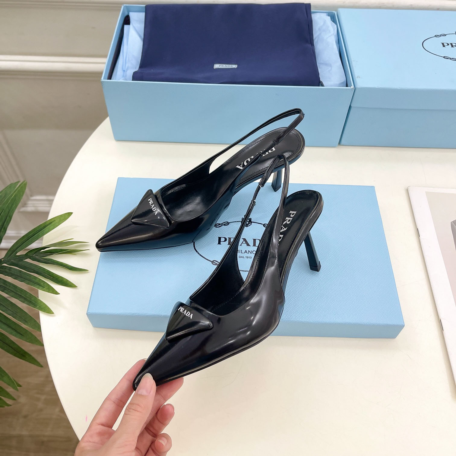 Prada Black Brushed Leather Slingback Pumps  75mm - FashionPlug