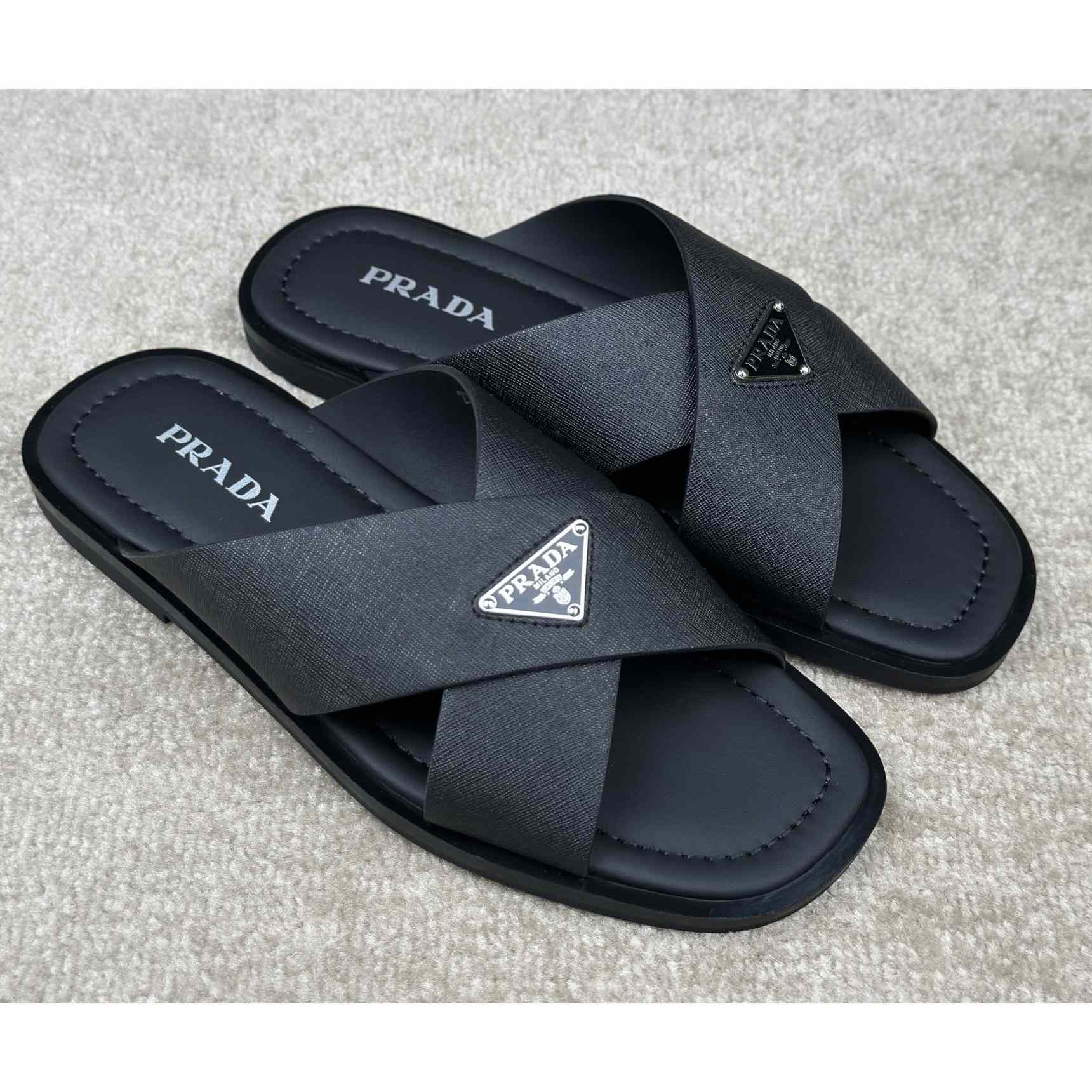 Prada Crisscross Leather Slides - FashionPlug