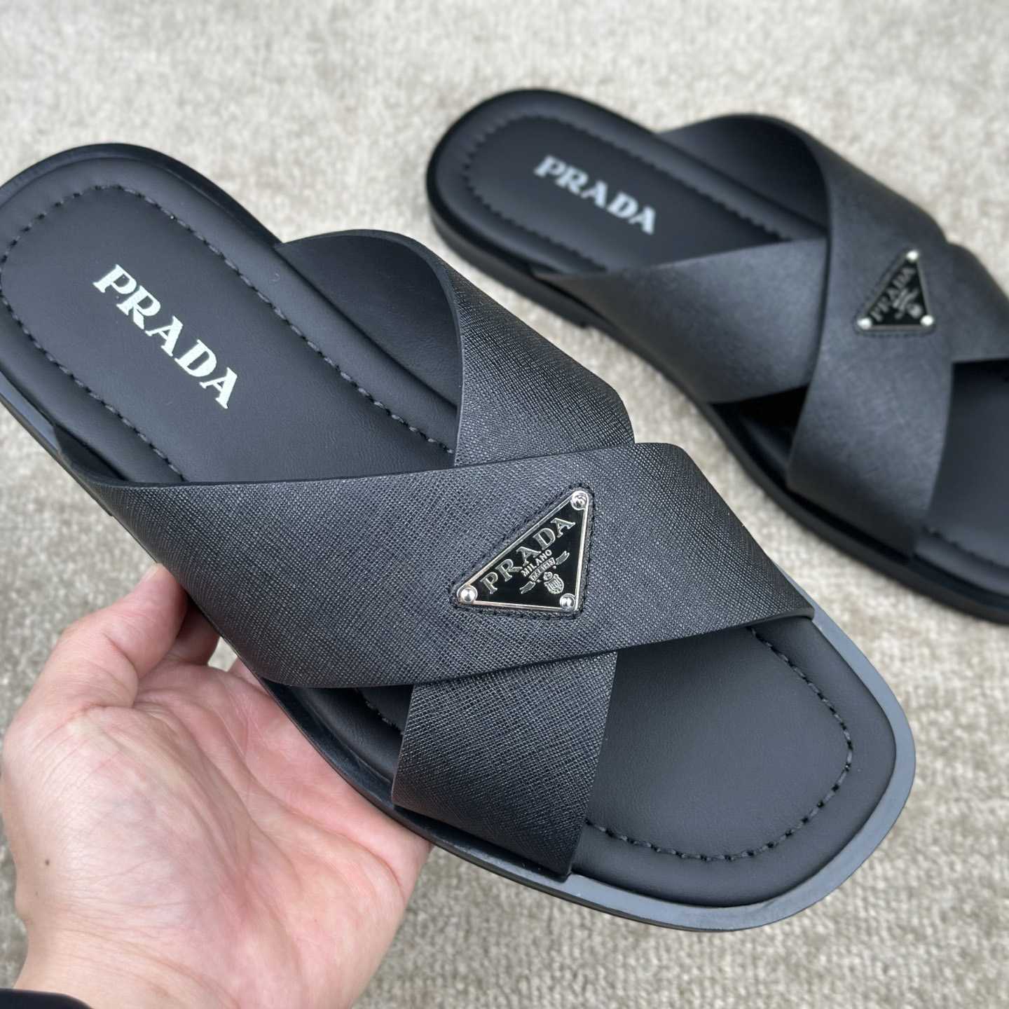 Prada Crisscross Leather Slides - FashionPlug