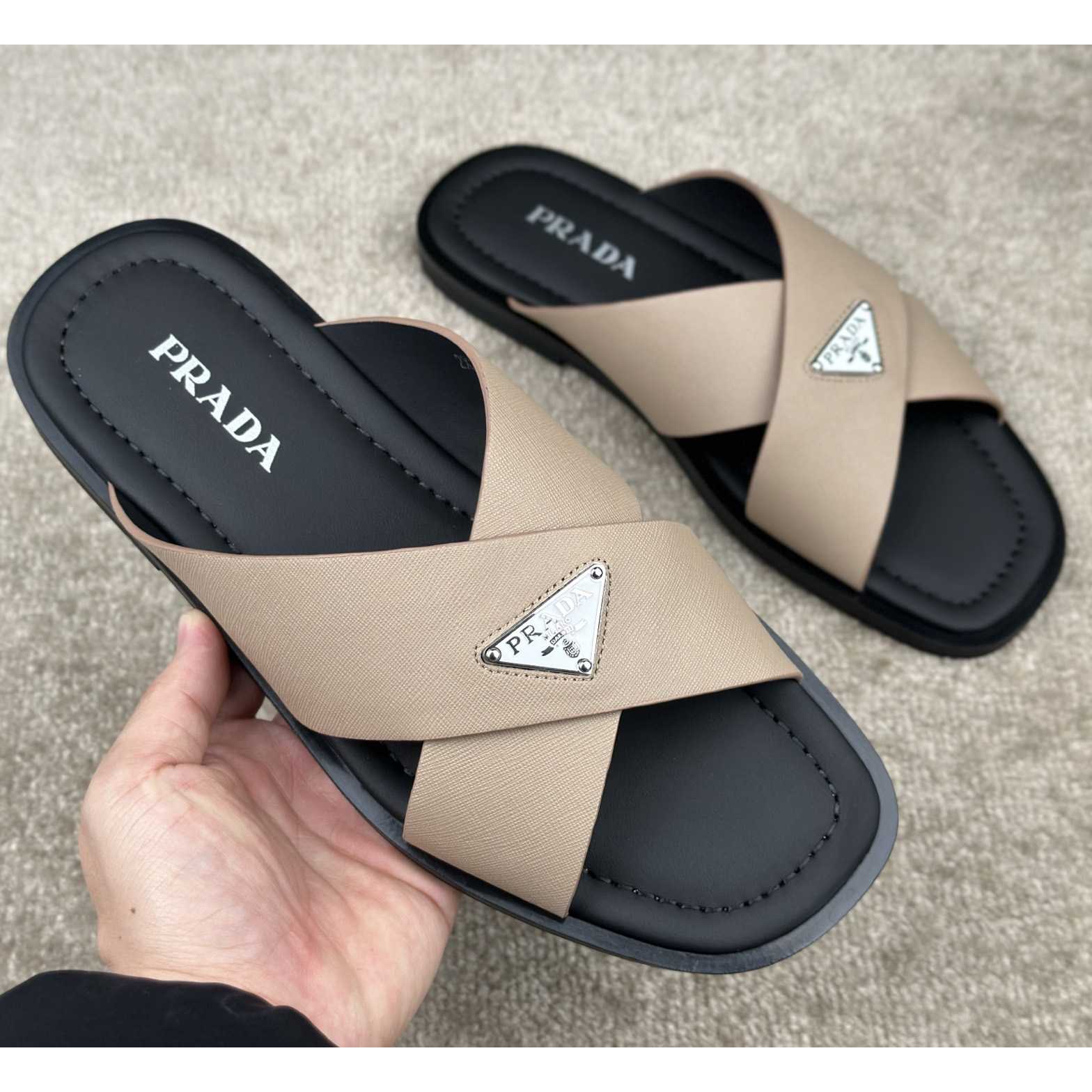 Prada Crisscross Leather Slides - FashionPlug