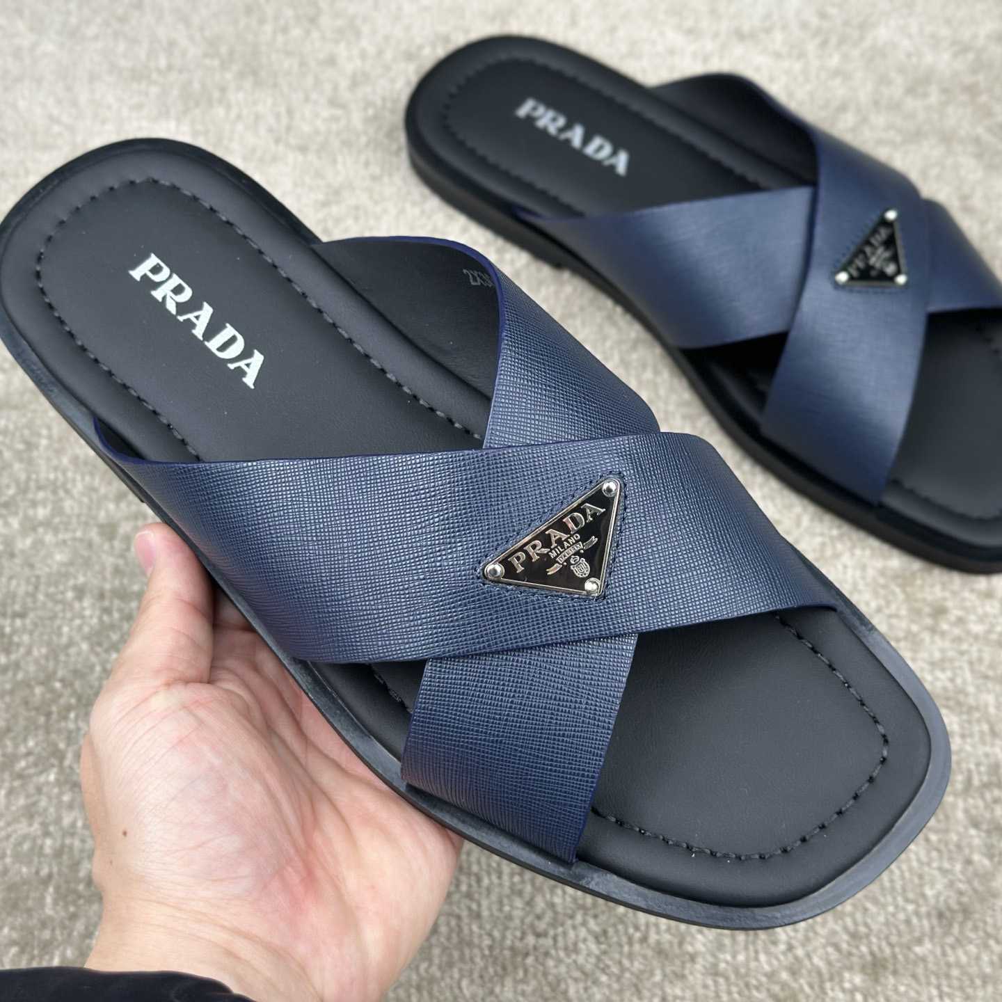 Prada Crisscross Leather Slides - FashionPlug
