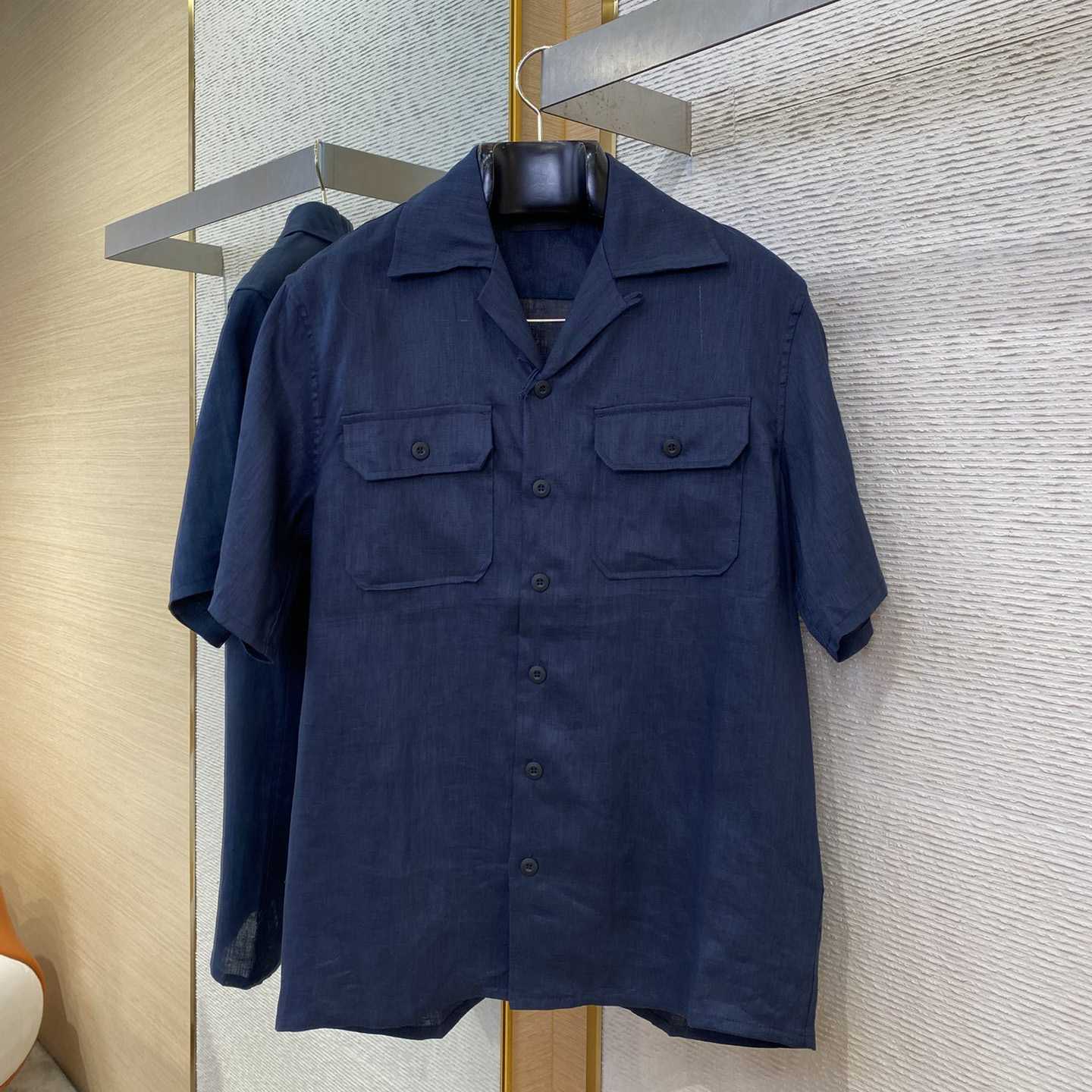 Prada Triangle-logo Cuban-collar Linen Shirt - FashionPlug