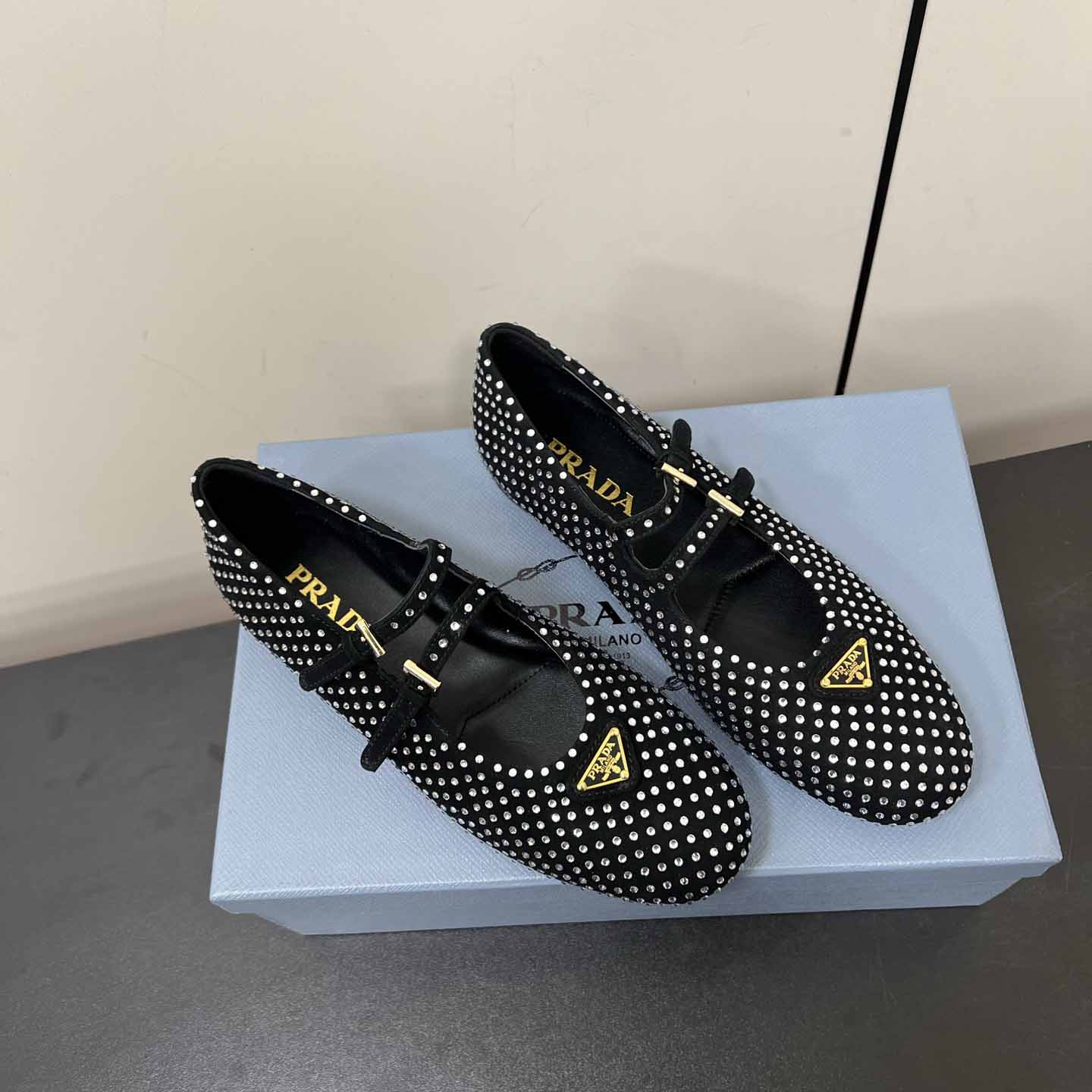 Prada Suede Ballerinas With Crystals - FashionPlug