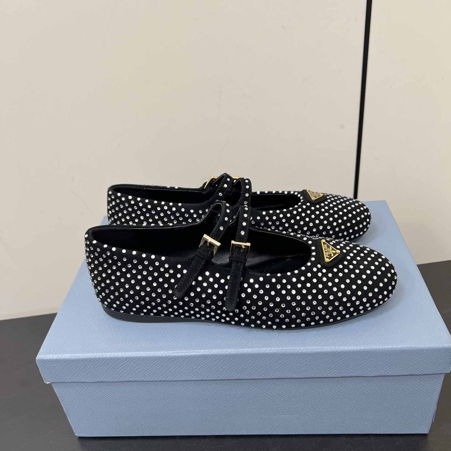 Prada Suede Ballerinas With Crystals - FashionPlug