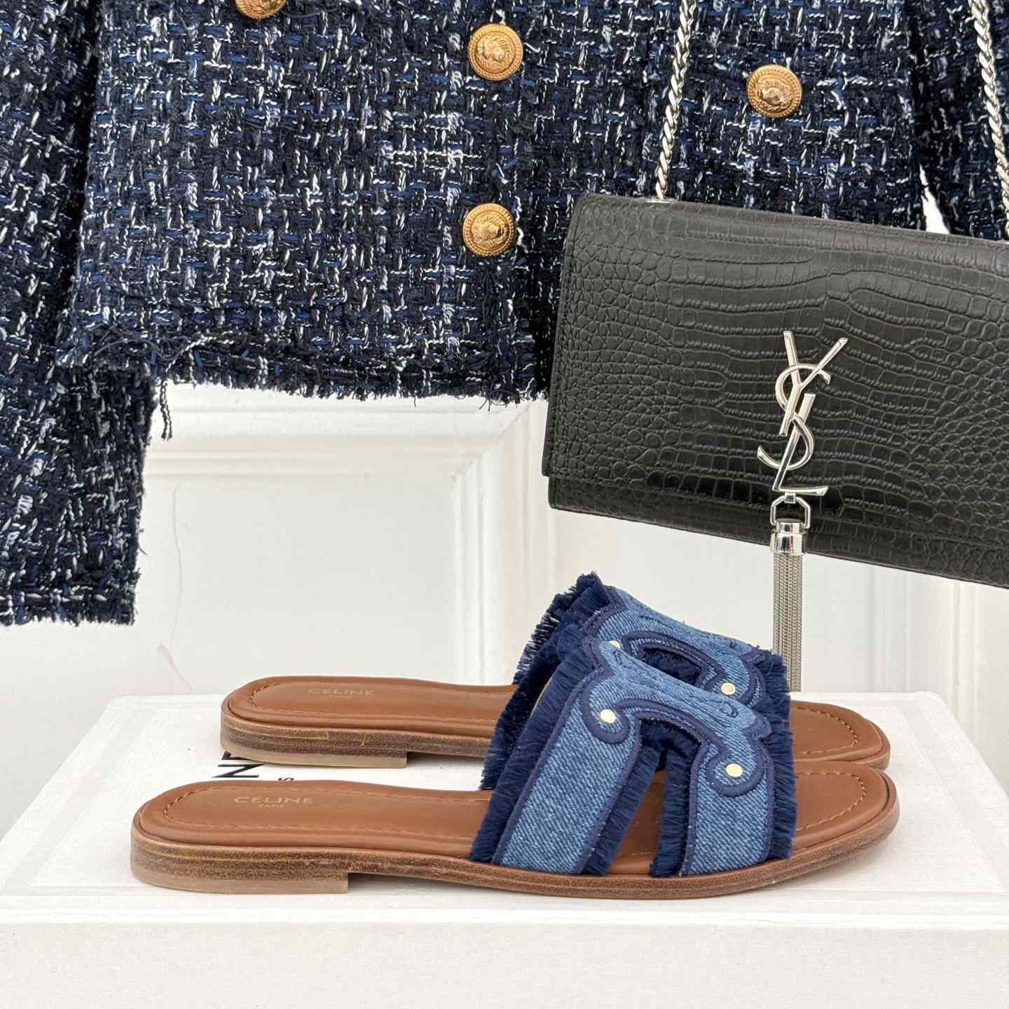 Celine Marina Fringed Mule In Denim  - FashionPlug