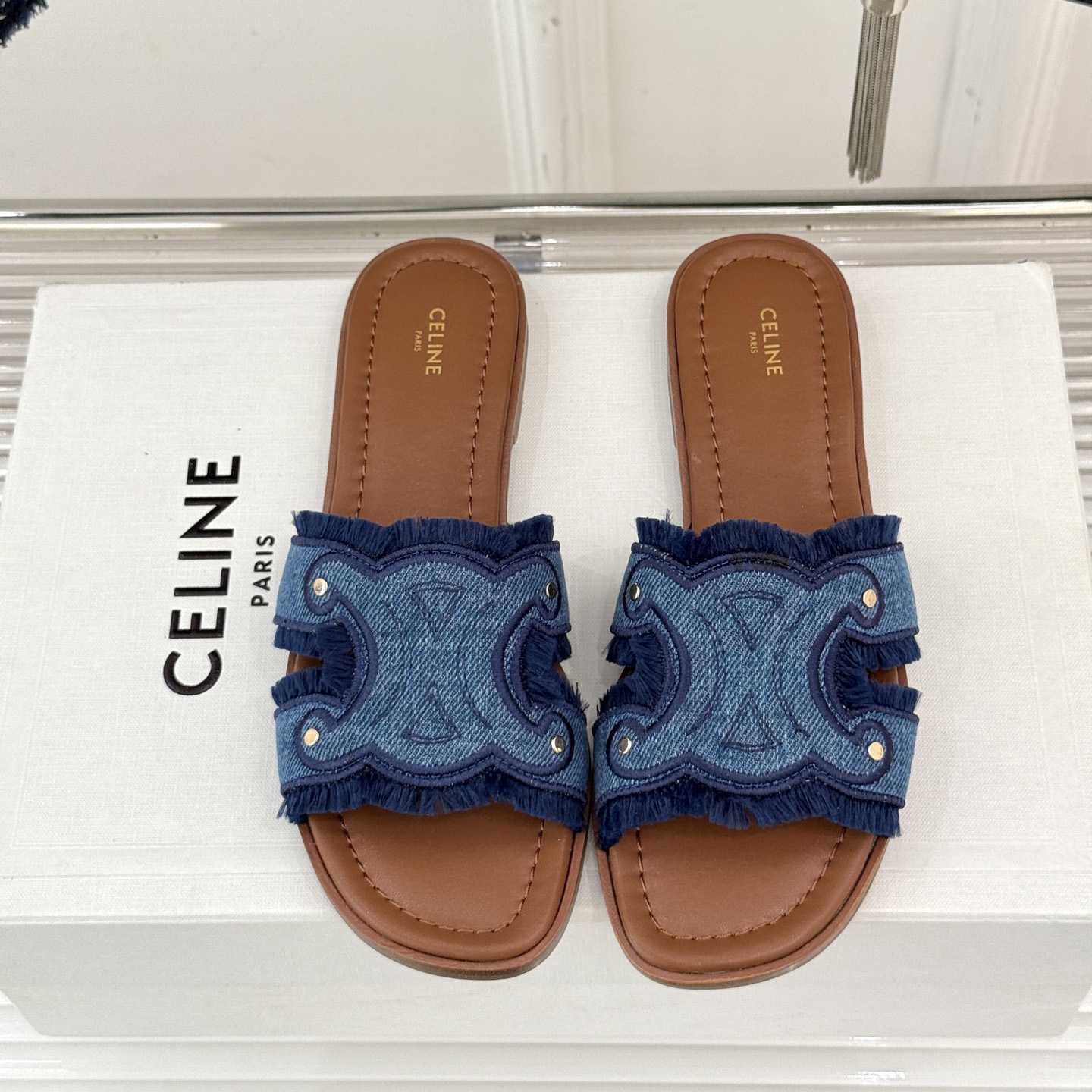 Celine Marina Fringed Mule In Denim  - FashionPlug