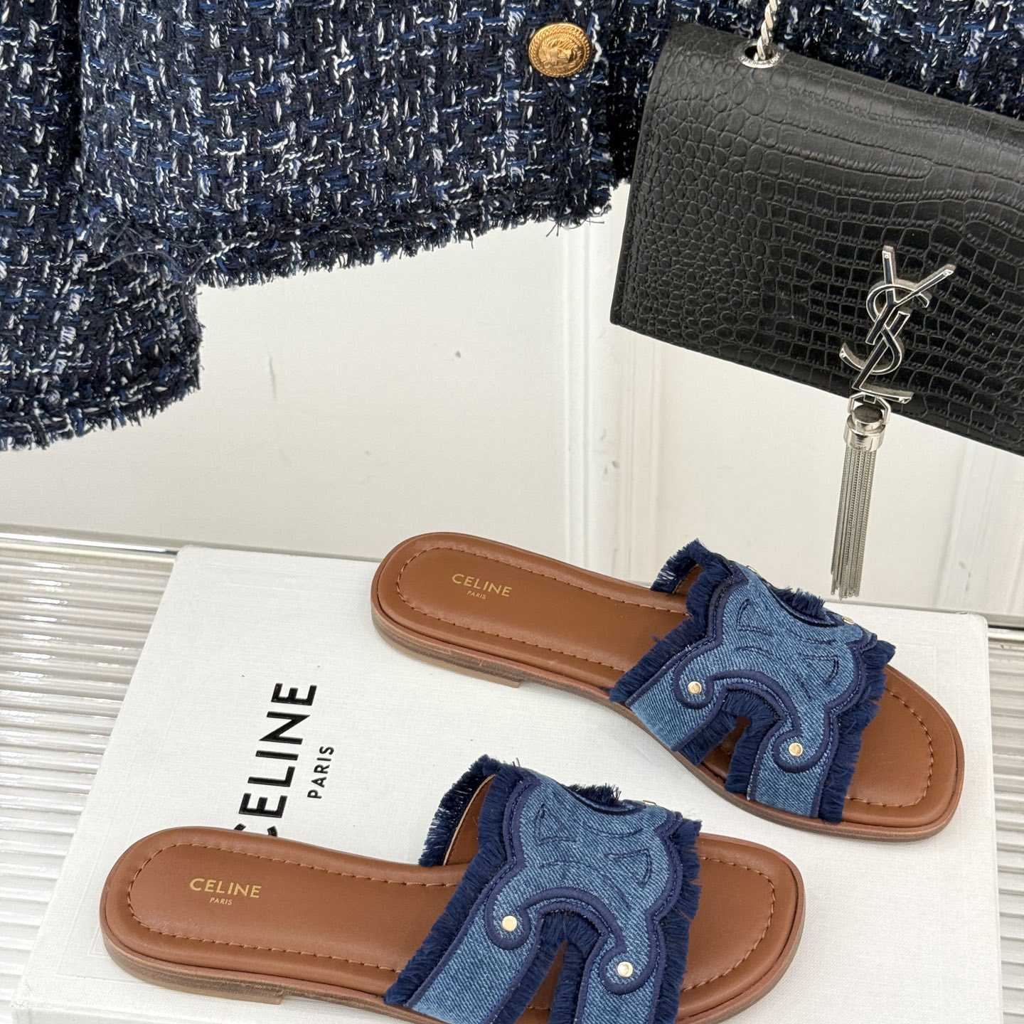 Celine Marina Fringed Mule In Denim  - FashionPlug