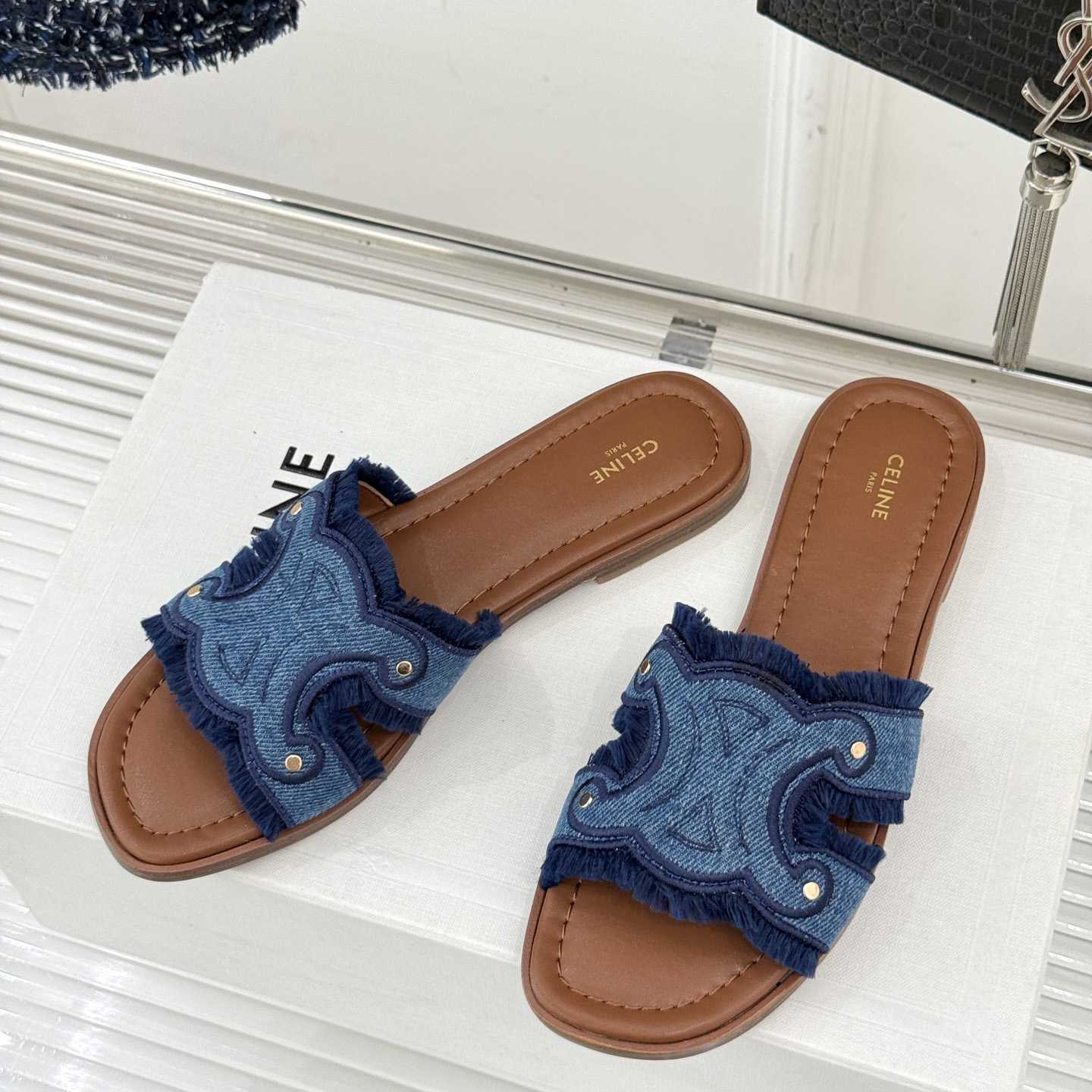 Celine Marina Fringed Mule In Denim  - FashionPlug