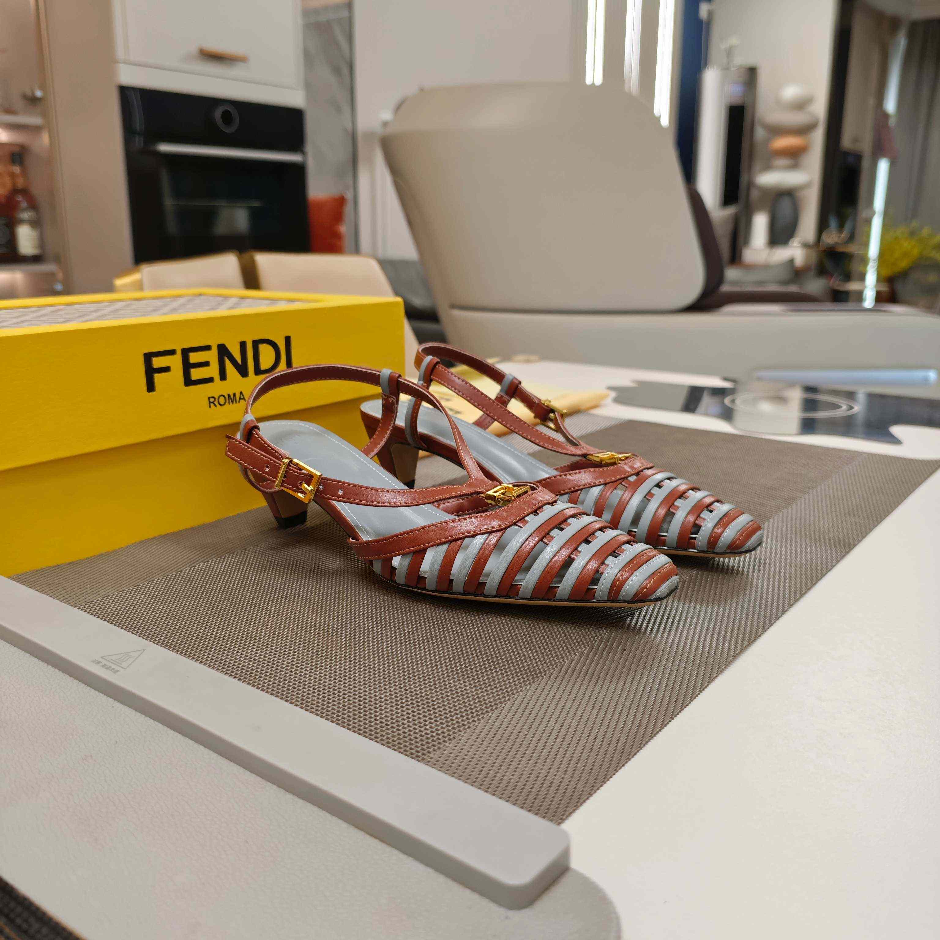 Fendi FFold Brown And Matcha Green Leather Low-heeled Slingbacks - FashionPlug