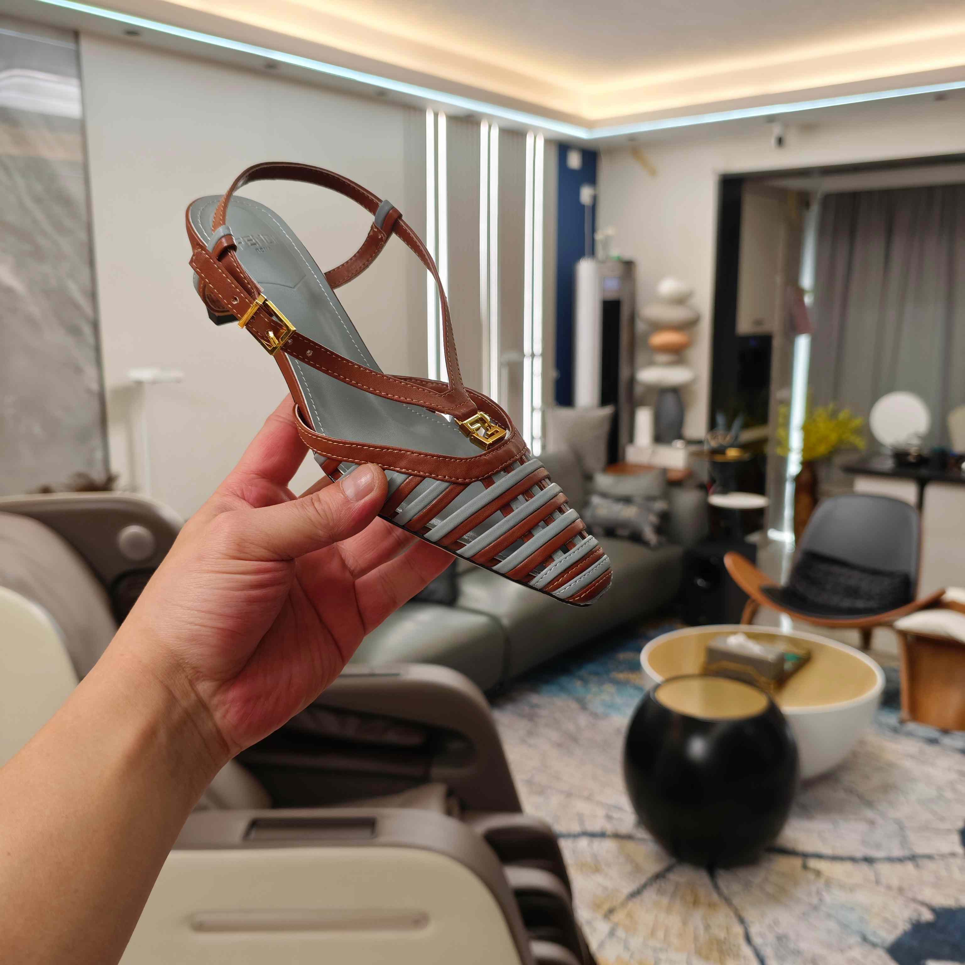 Fendi FFold Brown And Matcha Green Leather Low-heeled Slingbacks - FashionPlug