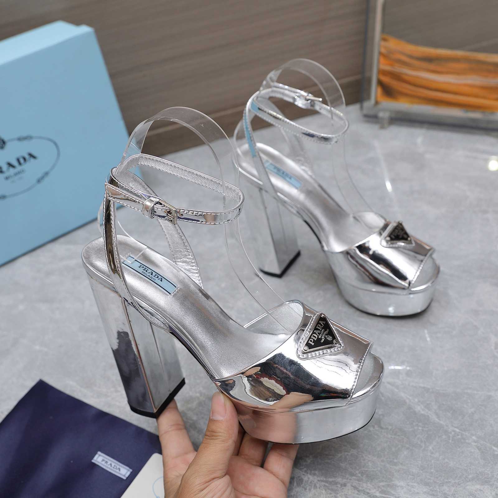 Prada Silver Tone Plateau Platform Sandals | Silver   13cm - FashionPlug